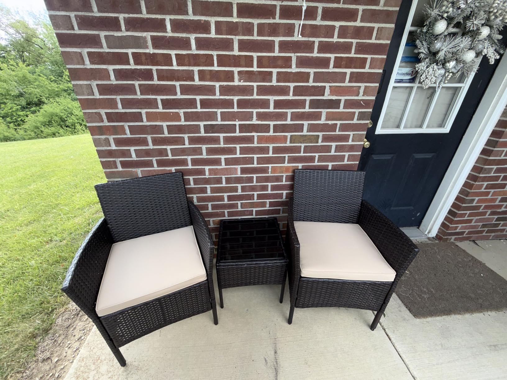 Yaheetech 3 Pieces Patio Conversation Set, Outdoor Rattan Bistro Furniture, 2 Chairs with Cushions & 1 Side Table for Bistro/Porch/Garden/Deck/Courtyard, Black/Khaki customer photo 1