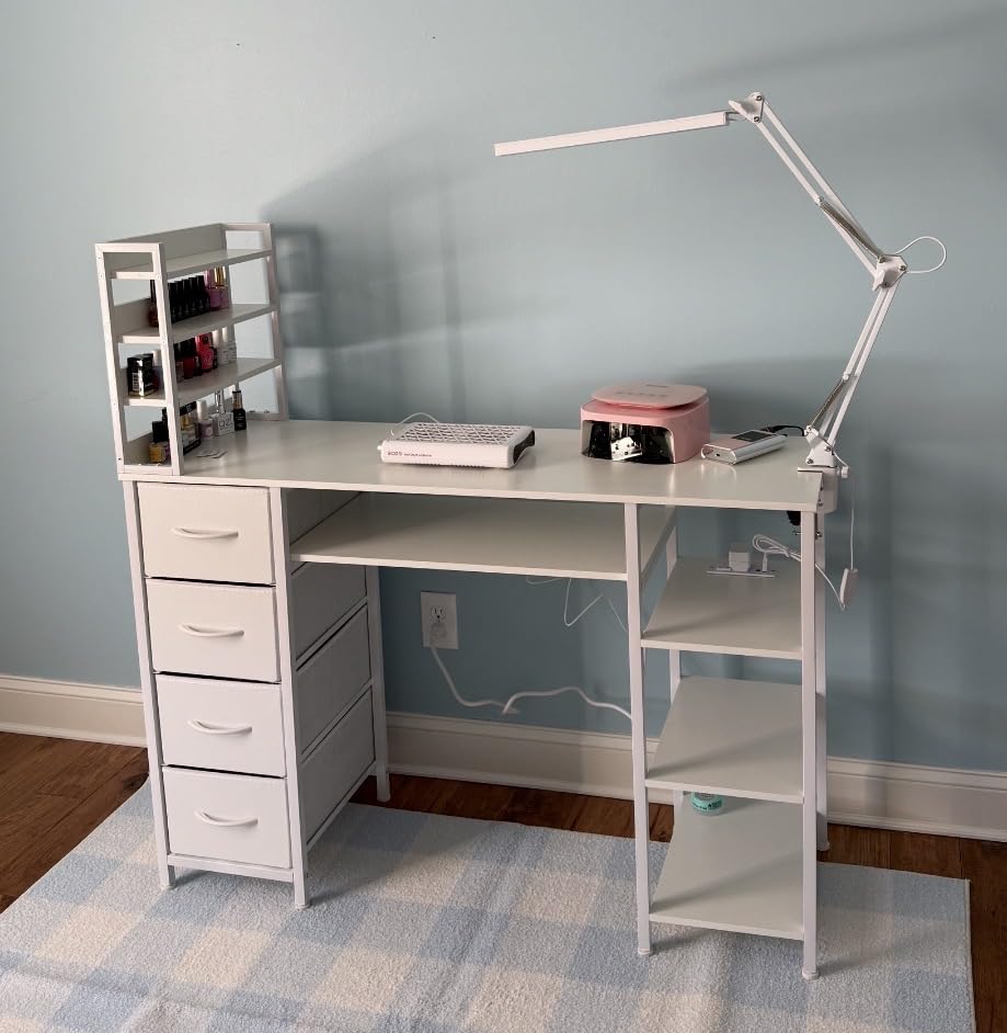 Manicure Table Nail Desk for Nail tech with Drawers and Power Outlet,Nail Beauty Table with Storage and Open Shelves for Home,Workshop,Makeup Beauty Salon Workstation (White) customer photo 2
