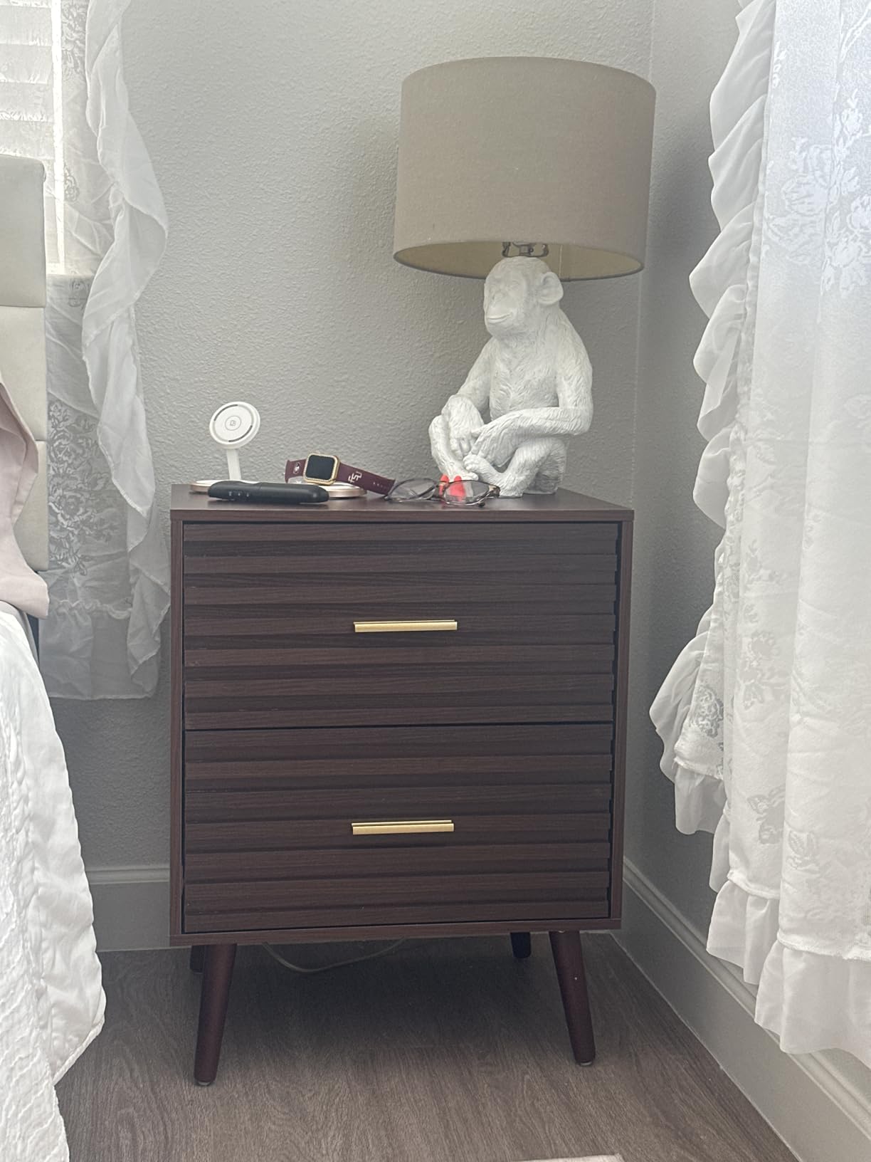 WLIVE Nightstands Set of 2, Mid Century Modern Bedside Tables with Fluted Drawers, Walnut Wood End Table with Storage for Bedroom, Accent Furniture customer photo 2
