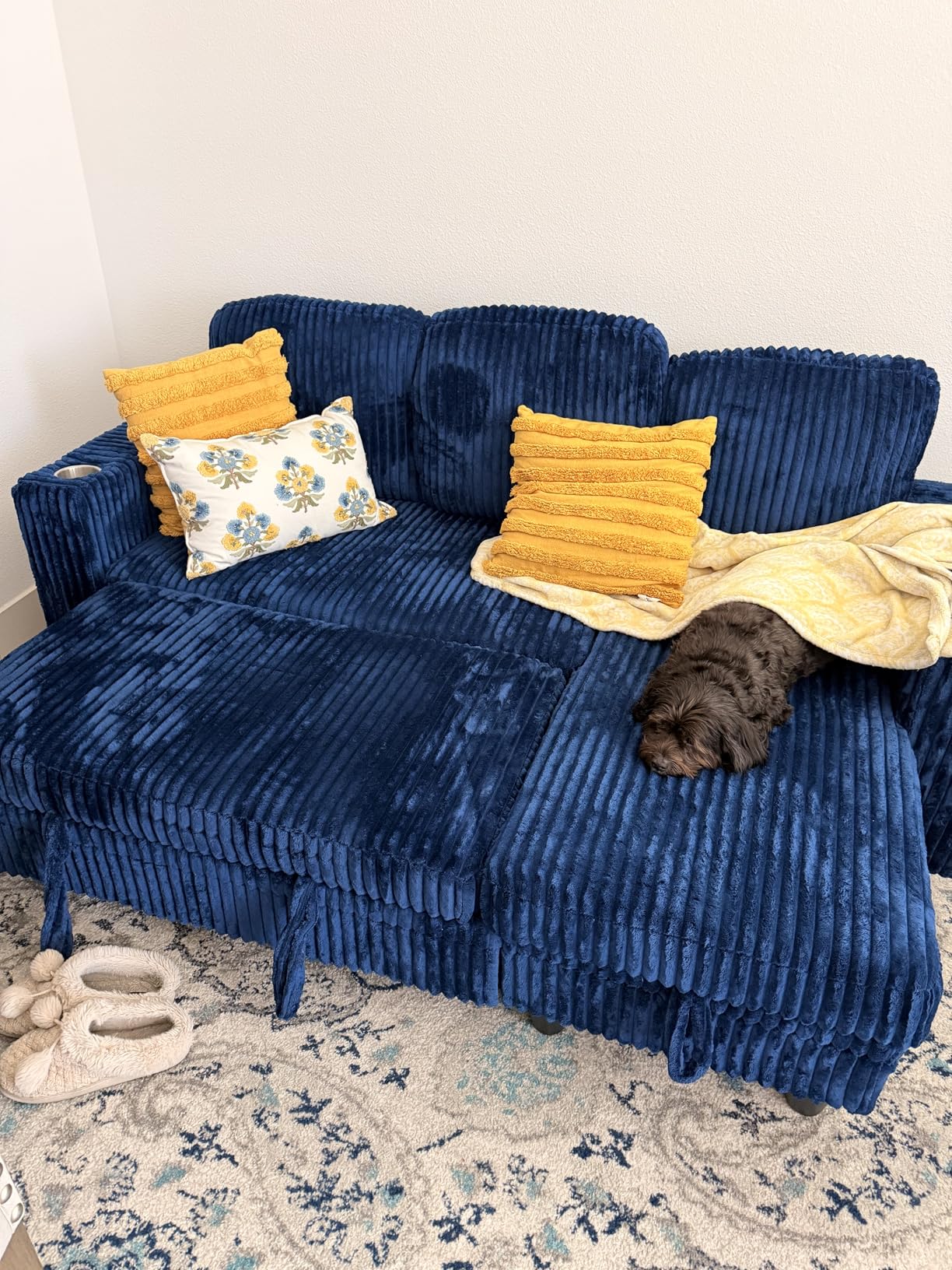 LINSY HOME Loveseat Sofa with Pull Out Couch Chaise: 2-in-1 Convertible 2 Seater Sofa with USB Charging & Cup Holders, Comfy Plush Corduroy Love Seat for Small Spaces Living Room Apartment, Green customer photo 1