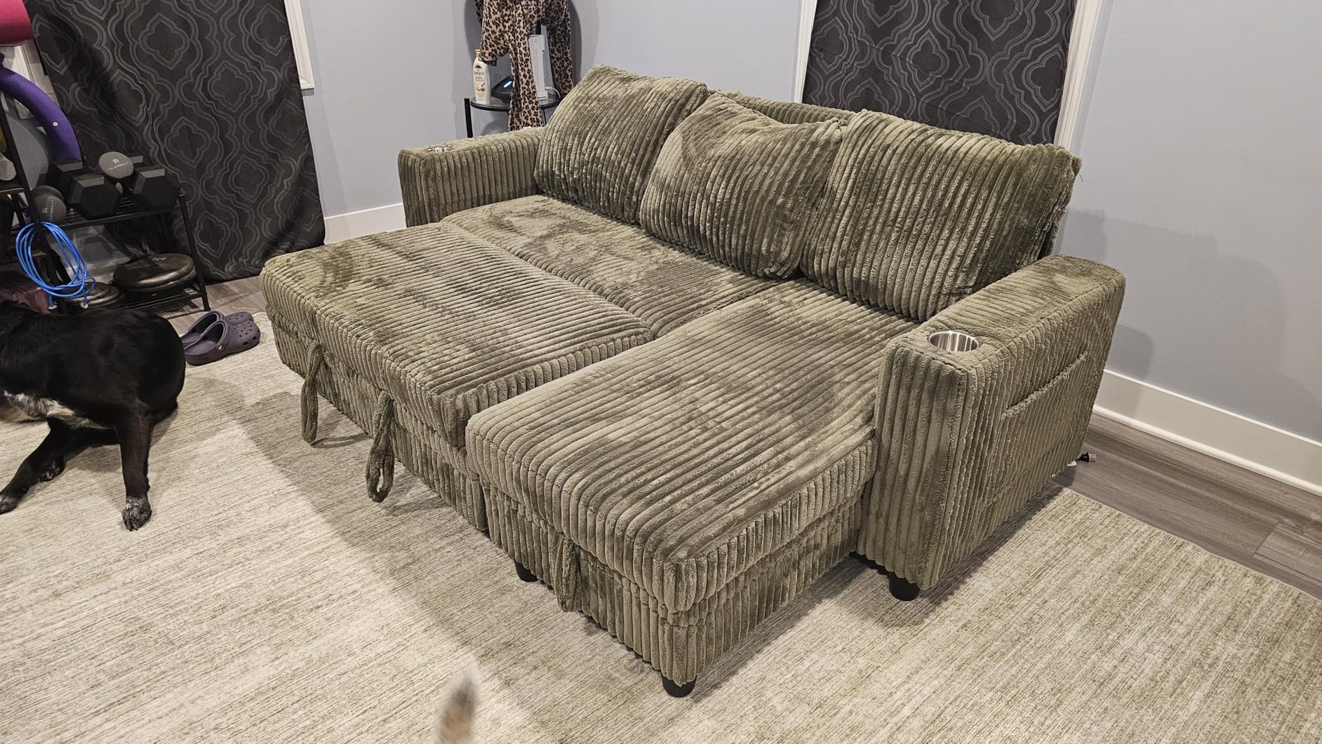 LINSY HOME Loveseat Sofa with Pull Out Couch Chaise: 2-in-1 Convertible 2 Seater Sofa with USB Charging & Cup Holders, Comfy Plush Corduroy Love Seat for Small Spaces Living Room Apartment, Green customer photo 2