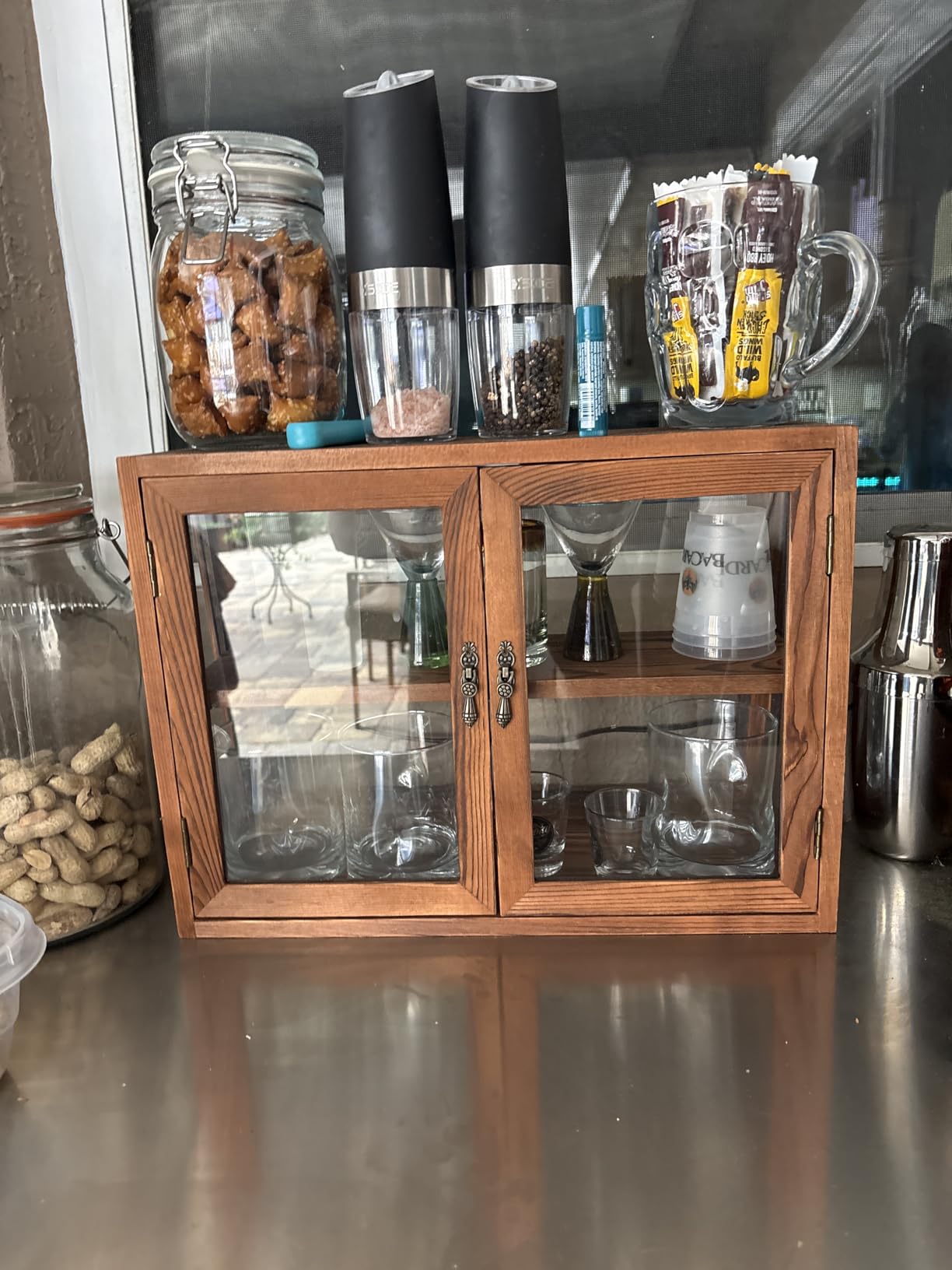 MOOCA Wood and Glass Display Case, Double Door with Adjustable 2-Level Collectible Display Case for Mini Funko Pop Figures, Bakery Pastry Container, Jewelry Organizer Storage, Brown Color customer photo 1