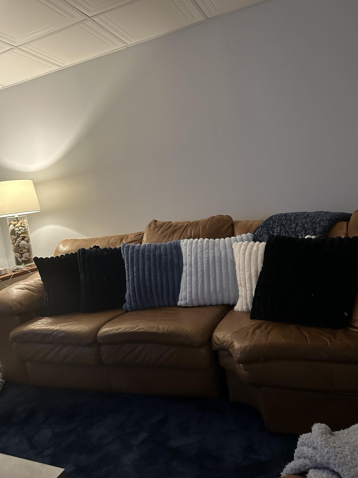 MIULEE Faux Fur Plush Decorative Throw Pillow Covers 18x18 Set of 4, Summer Modern Soft Fuzzy Coastal Striped Cushion Covers for Sofa Couch Bed Living Room Cozy Home Decor,Navy Blue customer photo 1