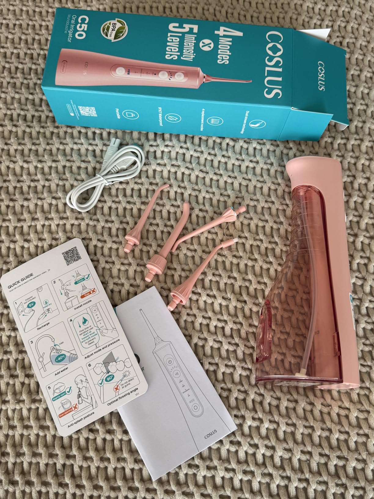 COSLUS C50 Portable Water Flosser for Teeth: 4 Modes & 5 Intensity Levels Professional Electric Dental Pick for Sensitive Gums, Braces & Orthodontic - Cordless for Travel Use, BPA-Free, ADA Accepted customer photo 2