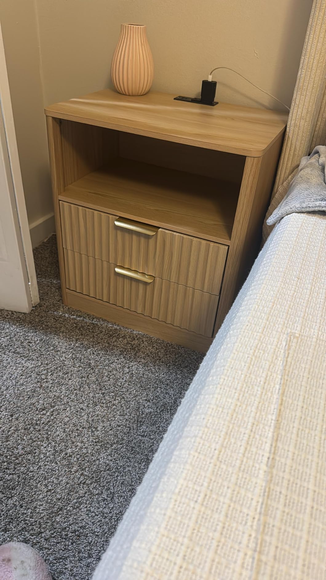 IRONCK Fluted Night Stand Set of 2, Modern Nightstand with Charging Station, Drawers and Open Shelves - Bedside Table Wood Side Table Set for Bedroom, Oak customer photo 2