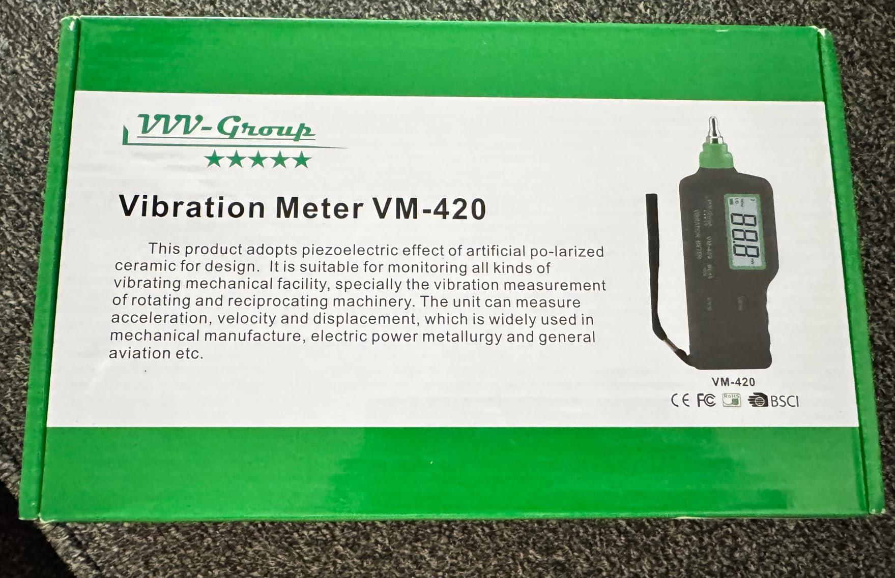 Industrial Vibration Analyzer - VM-428 with External Sensor & PC Software, Acceleration 0.1-300 m/s², Velocity 1-850 mm/s, Displacement 1-3300 µm, 30Hz-14kHz, ISO Machine Rating customer photo 2