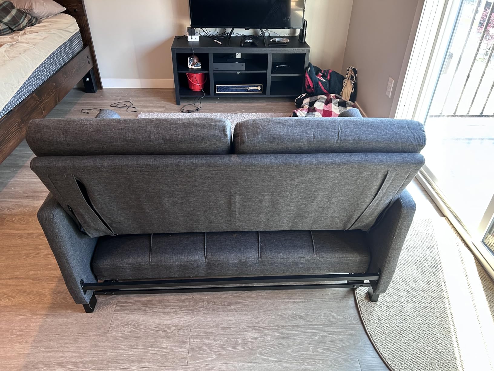 Gizoon Convertible Sofa Bed, 3-in-1 Pull Out Couch, 5-Position Adjustable Backrest & Side Pockets, Modern Small Loveseat Sleeper Sofa for Living Room, Apartment, Dorm, Studio, Guest Room, Grey customer photo 2