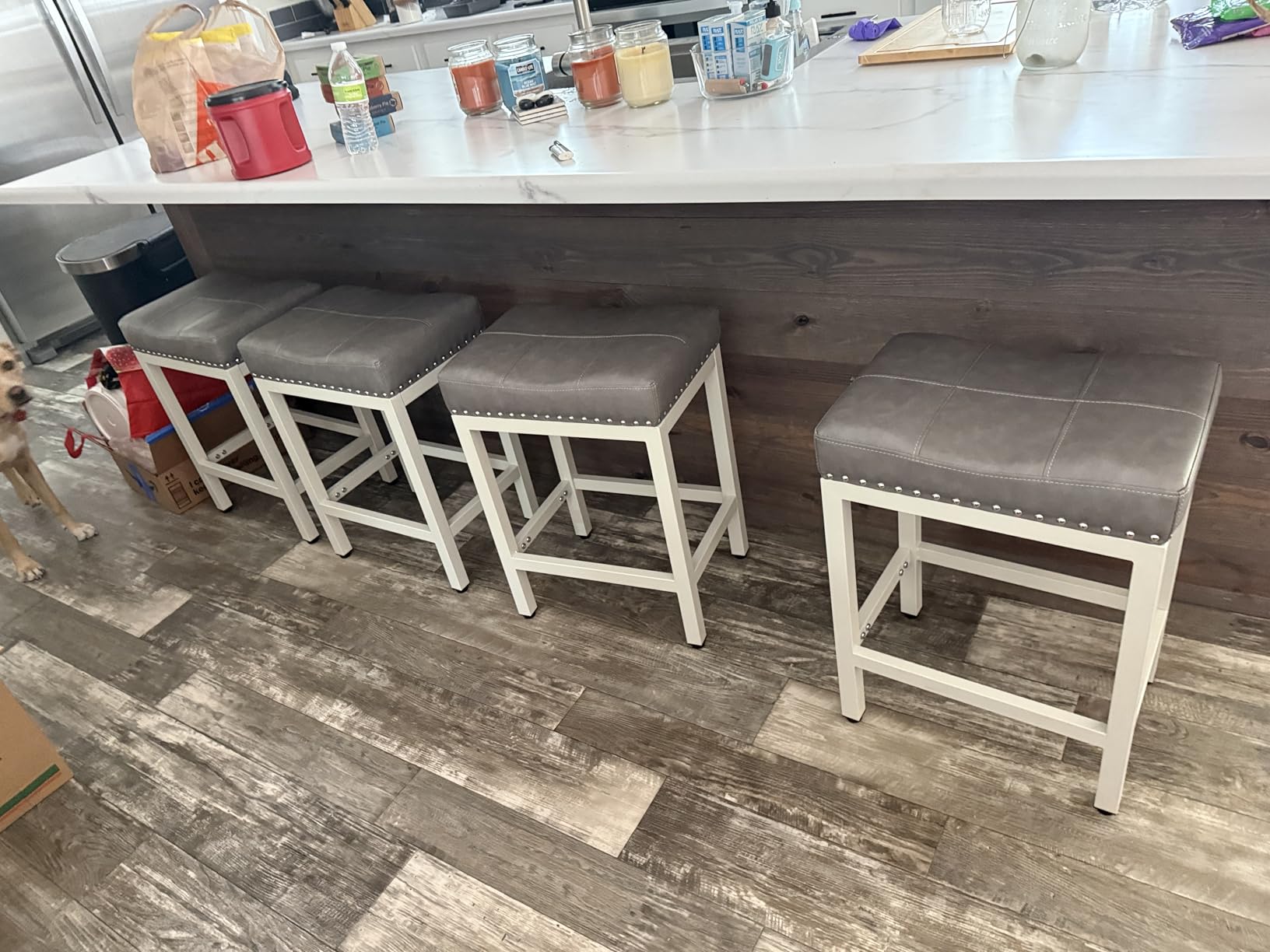 Sweetcrispy 24 Inch Bar Stools Set of 2, Counter Height Barstools for Kitchen Island, PU Leather Upholstered Modern Saddle Barstools with Metal Base and Footrest for Home Bar, Small Apartment, Grey customer photo 2