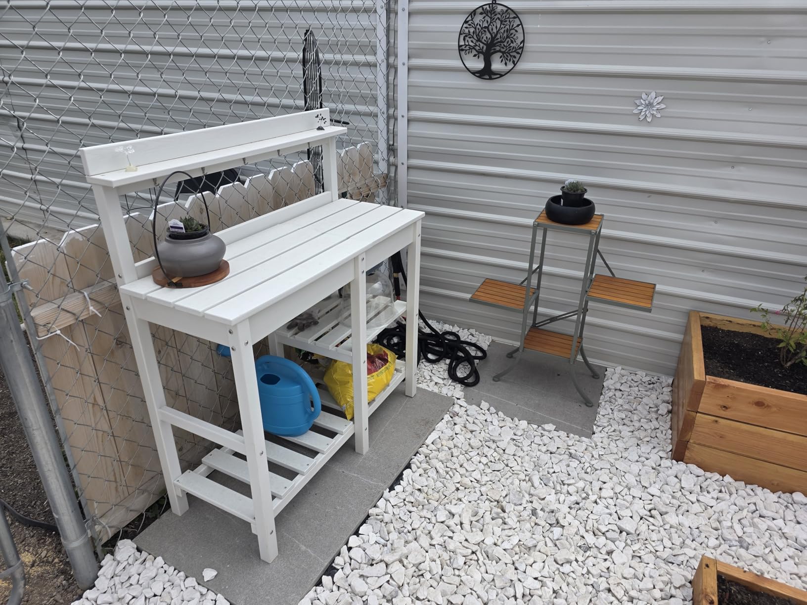 SERWALL Potting Bench Outdoor with Storage, 3-Tier HDPE Gardening Table with Angled Legs & Tool Hooks, All-Weather Heavy Duty Potting Table for Patio, Backyard, Garden, Grey customer photo 1