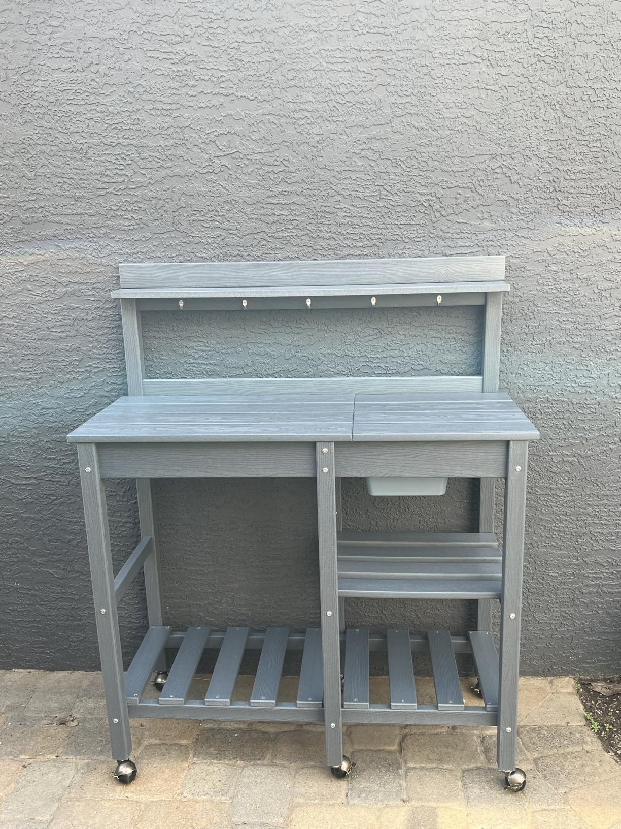 SERWALL Potting Bench Outdoor with Storage, 3-Tier HDPE Gardening Table with Angled Legs & Tool Hooks, All-Weather Heavy Duty Potting Table for Patio, Backyard, Garden, Grey customer photo 2