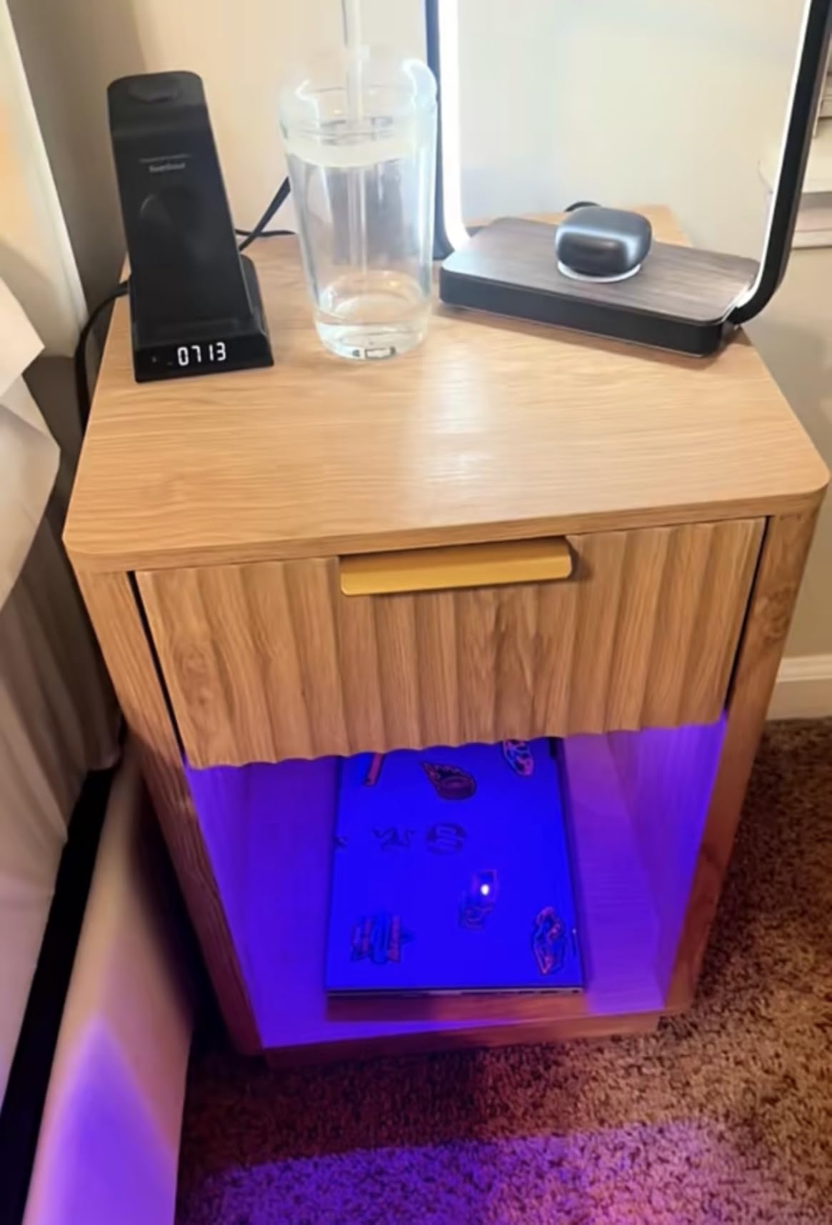 Akxomel Fluted Nightstands Set of 2, Wooden Night Stand with Charging Station and LED Light, Modern Mid Century End Table with Drawer, for Bedroom, Walnut customer photo 1