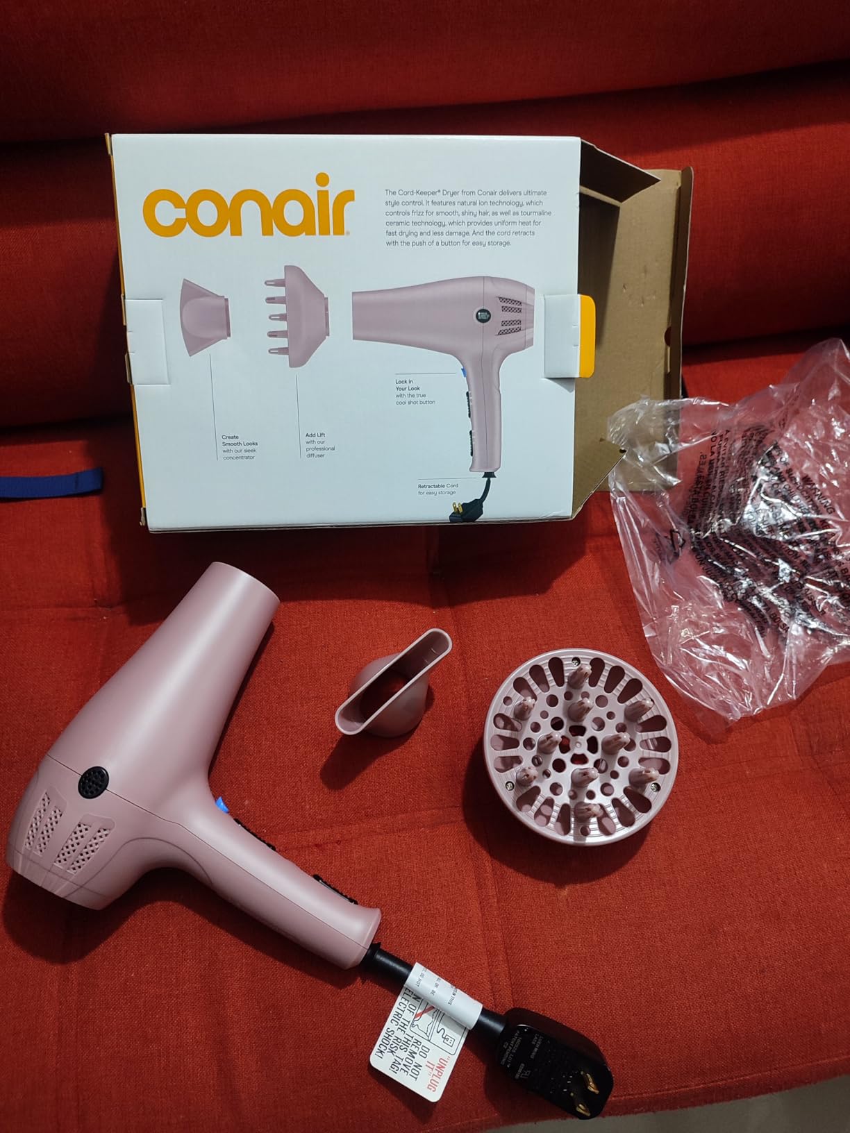 Conair Hair Dryer with Retractable Cord, 1875W Blow Dryer, 3 Heat Settings, 2 Speeds, Blow Dryer with Diffuser and Concentrator Attachments, Ionic + Tourmaline Technology, Matte Light Pink customer photo 1