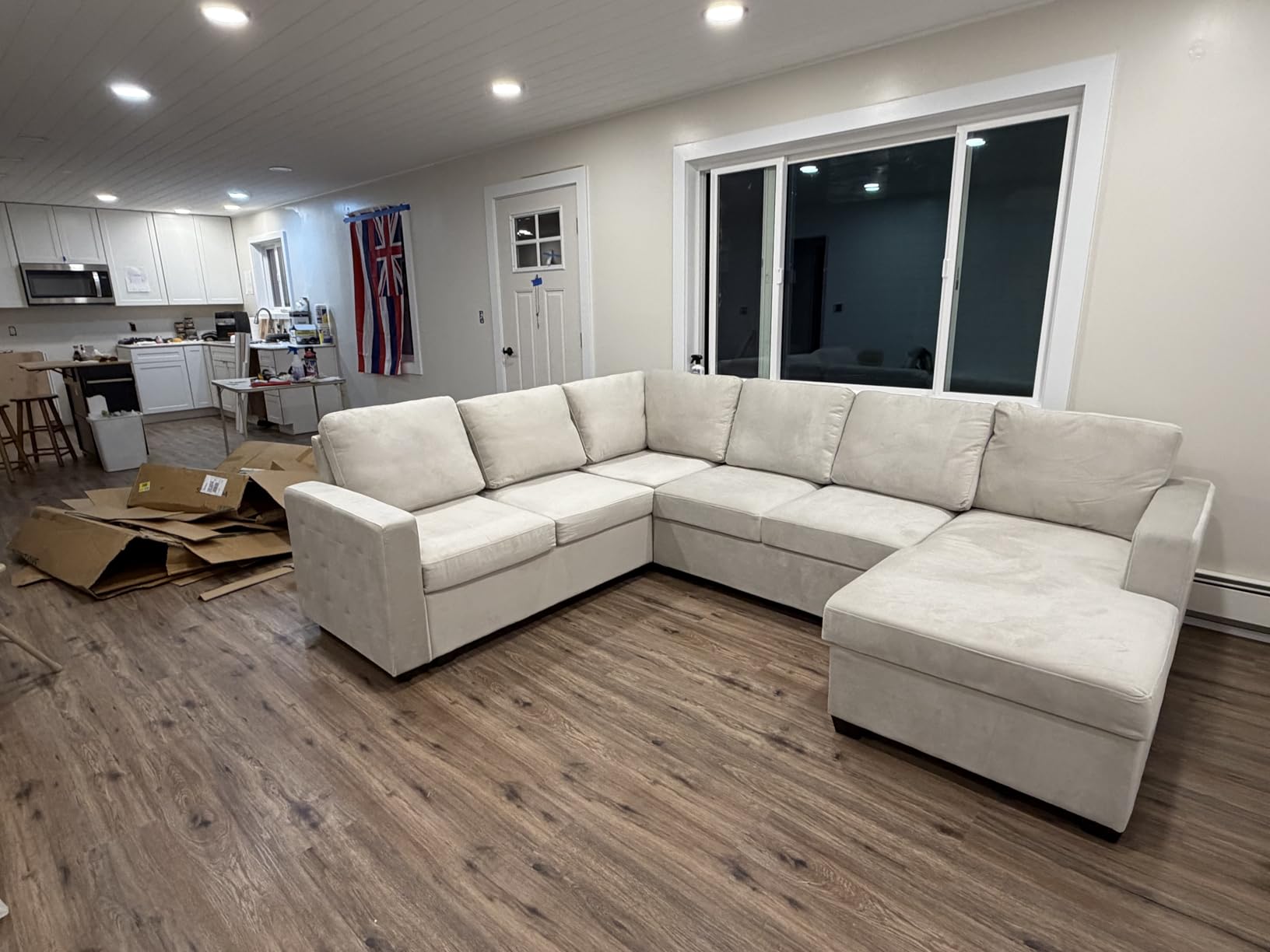 HONBAY Sleeper Sectional Couch with Pull-Out Bed Sectional Sleeper Sofa Pull Out Bed with Storage Chaise, 6 Seaters Couch for Living Room, Faux Leather Brown customer photo 1