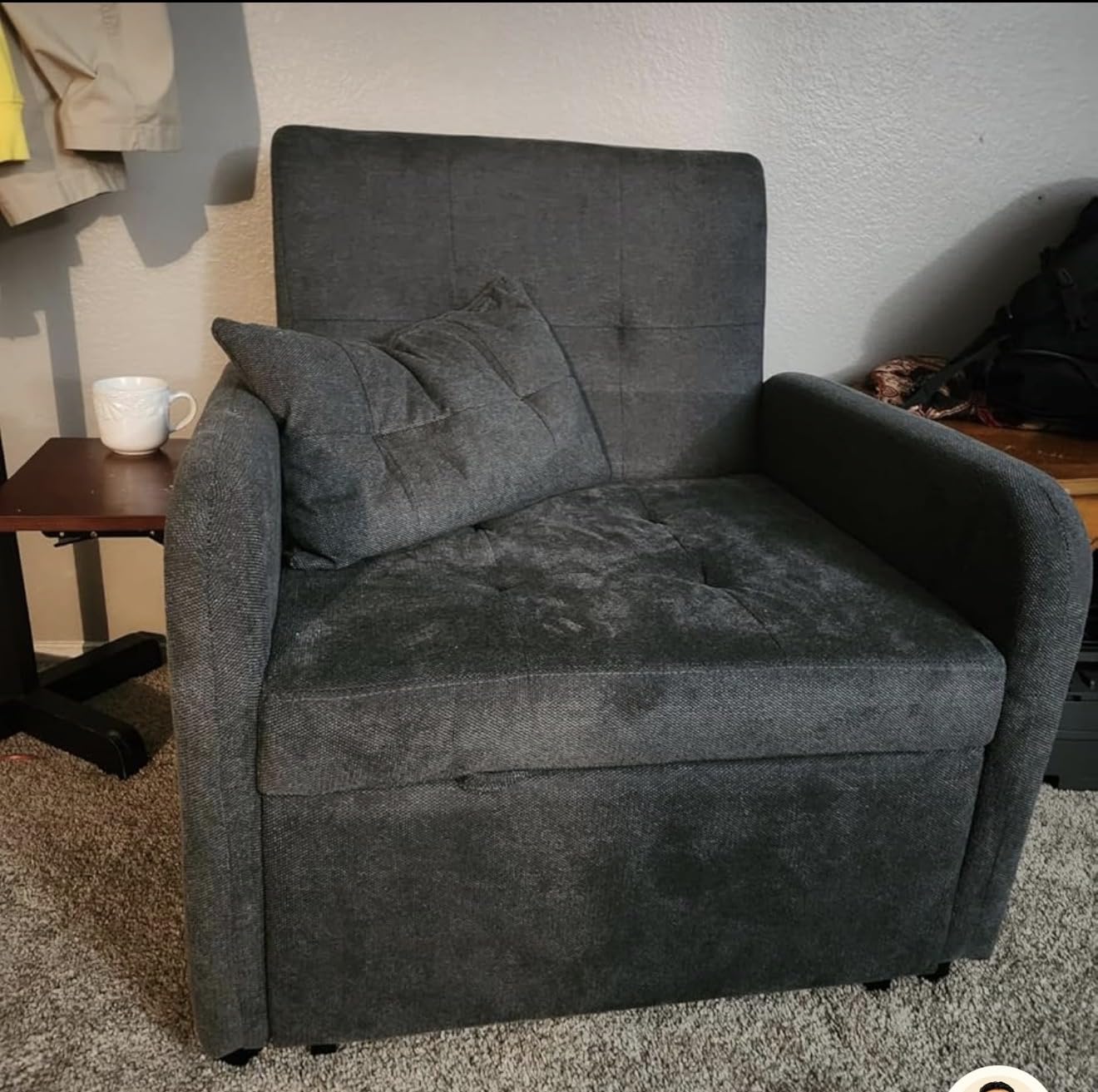 Convertible Sleeper Chair-Fabric Futon Sofa Bed, Single Sleeper Sofa, Small Couch Bed with USB Port, Foldable Table, Pillow, Adjustable Backrest for Dorm/Bedroom/College Darkgrey customer photo 1