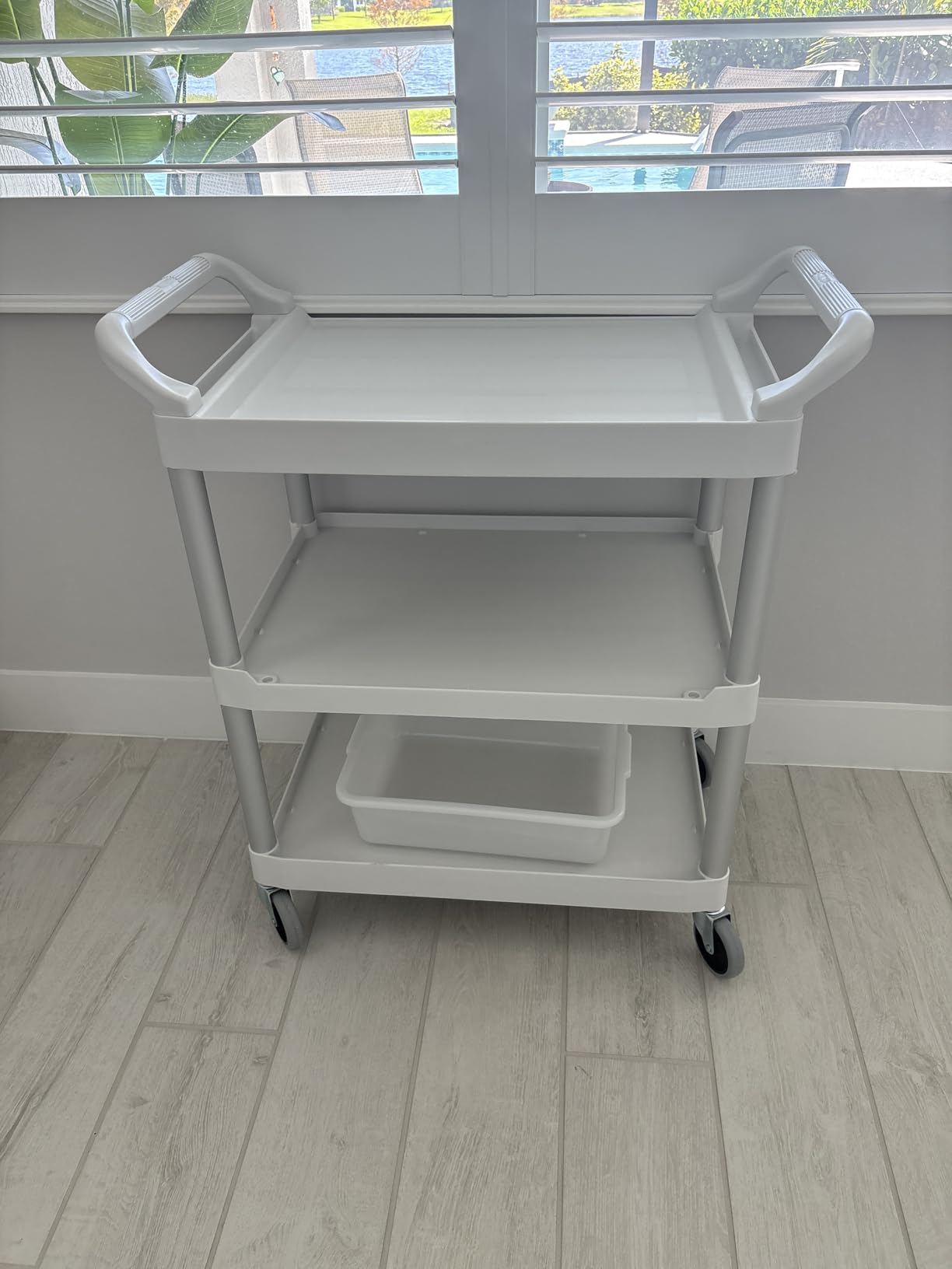Rubbermaid Commercial Products Heavy Duty 3-Shelf Rolling Service/Utility/Push Cart, 200 lbs. Capacity, Black, for Foodservice/Restaurant/Cleaning/Warehouse/Garage customer photo 1