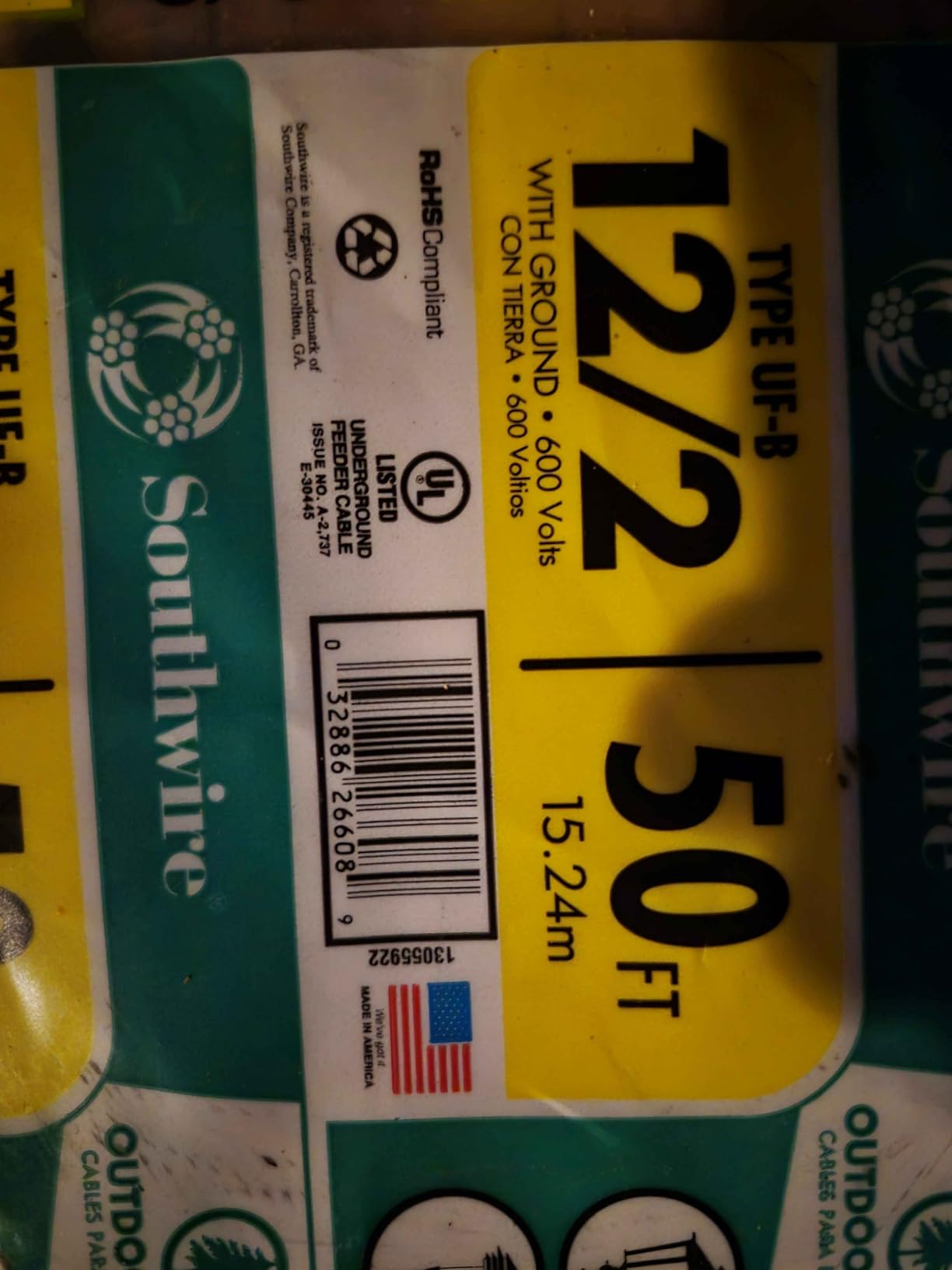 Southwire UF-B Underground Feeder Cable, 12/2 AWG, 250 ft customer photo 2