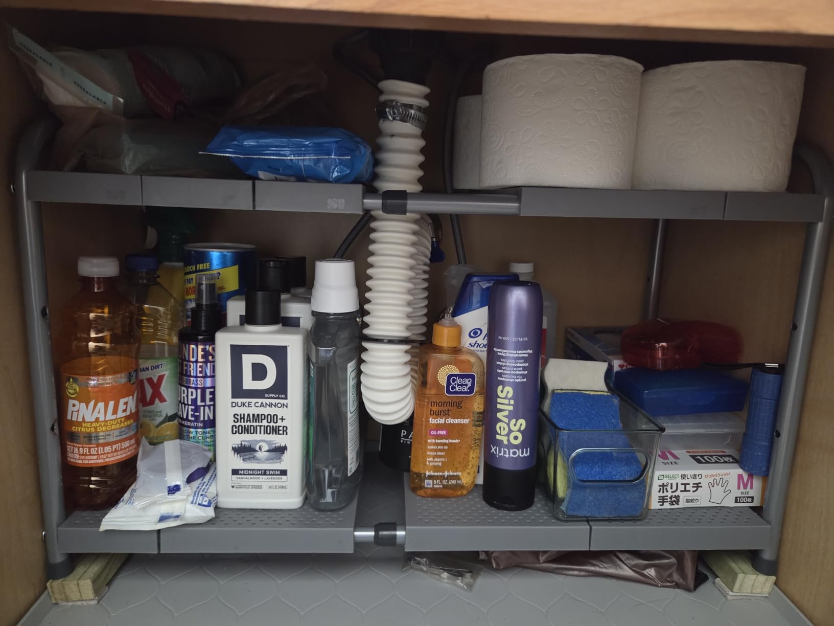 Simple Houseware Under Sink 2-Tier Heavy Duty Expandable Rack Organizer, Adjustable Width 15.75-25 Inches with 4 Shelf Height Levels, Silver customer photo 2