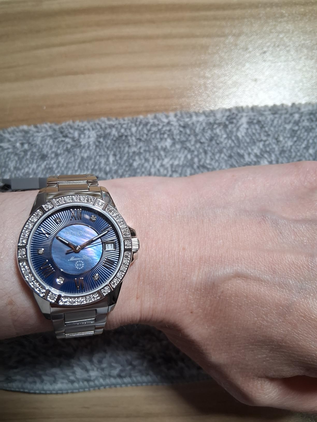 Bulova Ladies' Marine Star 'Series L' 3-Hand Day Date Quartz Diamond Watch, Sapphire Crystal, 100M Water Resistant, Mother-of-Pearl Dial, 34mm customer photo 2