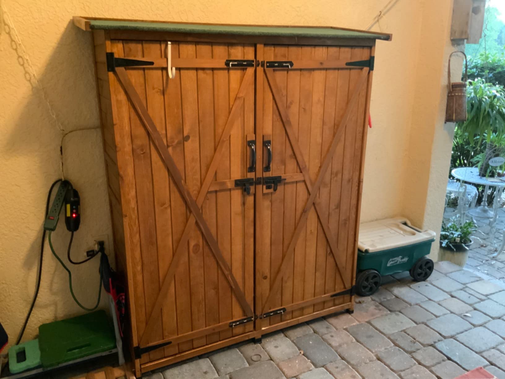 MCombo Outdoor Storage Cabinet with Shelves, Wood Garden Shed with Floor, Outside Tool Shed with 2 Lockable Doors for Yard Patio Lawn, 1400 (Natural) customer photo 1