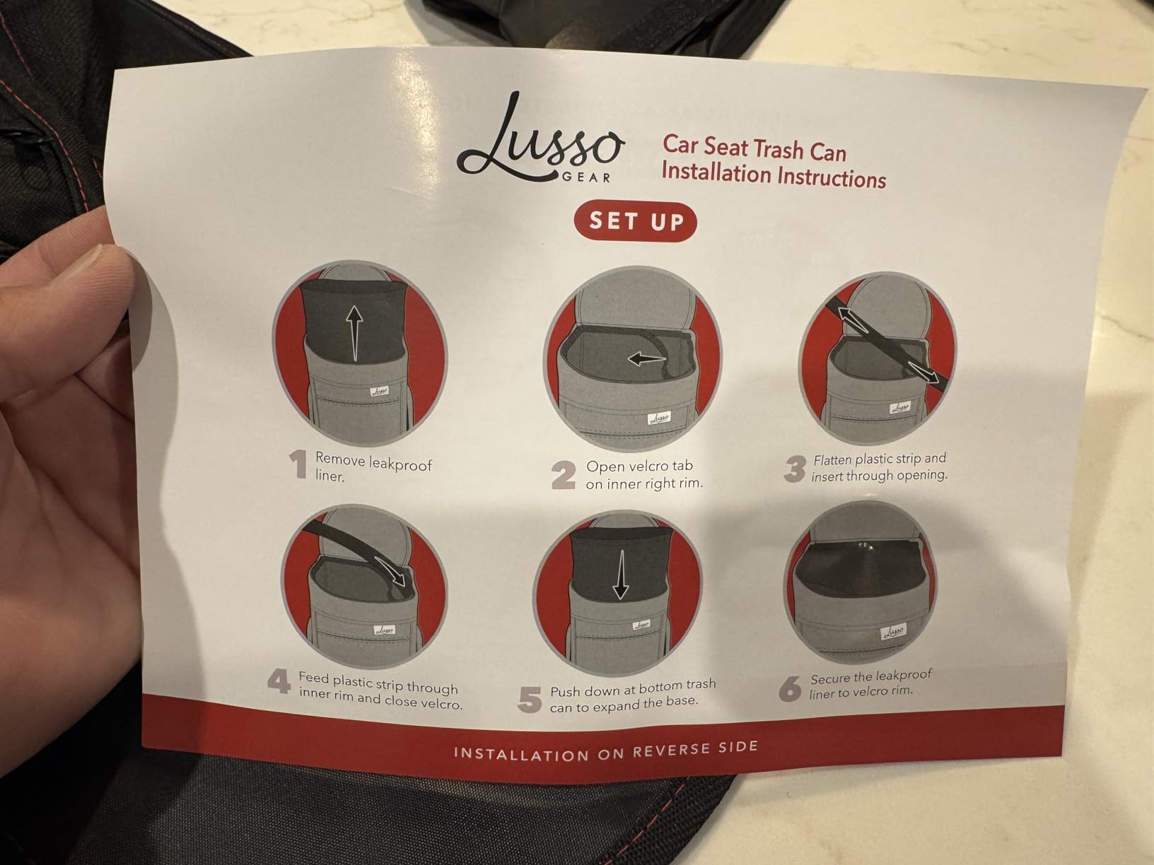 Lusso Gear Spill-Proof Car Trash Can - Leak-Proof Lid & Removable Liner for Car Bin - Travel Organizer with Mesh Pockets - 2.5 Gal, Black w Red Stitching customer photo 1