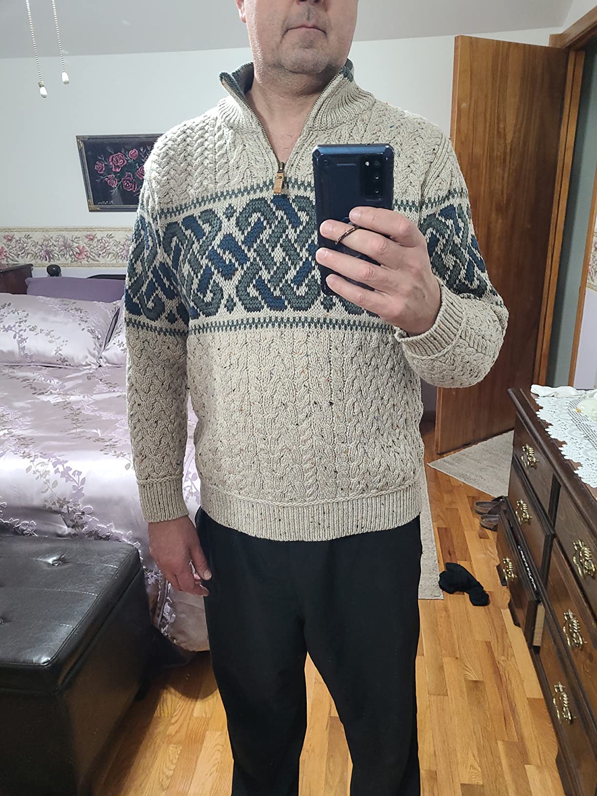 Men's Irish Cable Knit Half Zip Jacquard Sweater (100% Merino Wool) customer photo 2