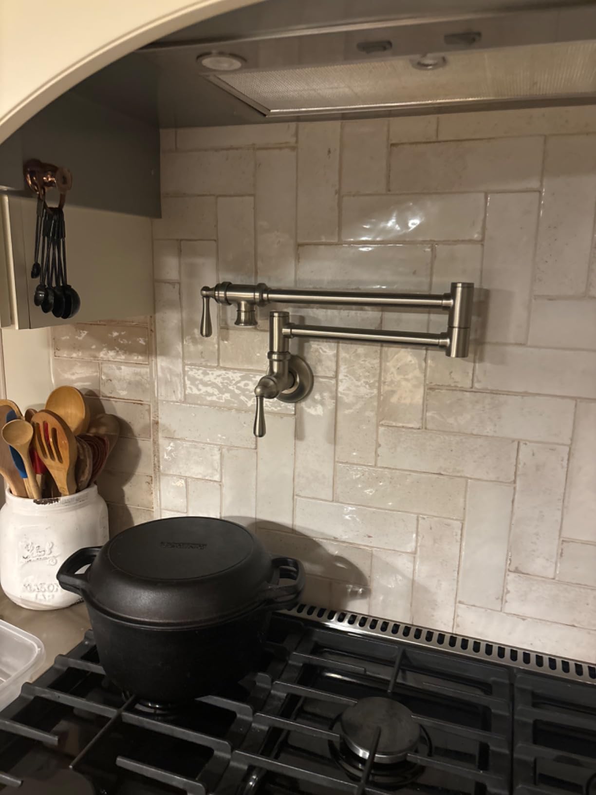 Moen Brushed Gold Traditional Double Jointed Wall Mount Swing Arm Folding Pot Filler Kitchen Faucet, S664BG customer photo 2