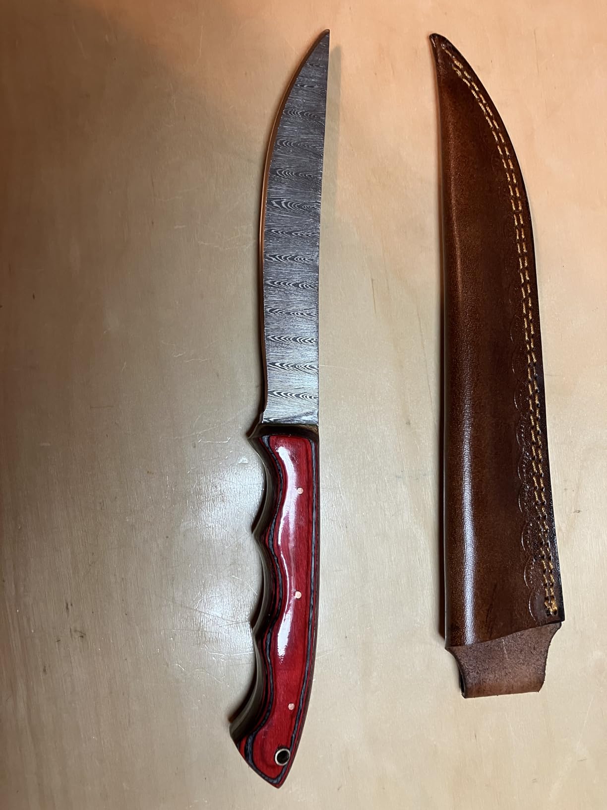 Damascus Steel Fillet Knife Making Kit - DIY Handmade Blank Blade with Rosewood Handle Scales, Brass Pins & Leather Sheath - Full Tang Single Bevel Fish Fillet Knife 11.25 Inch for Outdoor & Camping (Black-UKF01) customer photo 1
