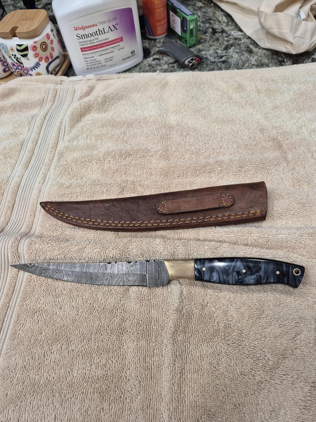 Damascus Steel Fillet Knife Making Kit - DIY Handmade Blank Blade with Rosewood Handle Scales, Brass Pins & Leather Sheath - Full Tang Single Bevel Fish Fillet Knife 11.25 Inch for Outdoor & Camping (Black-UKF01) customer photo 2