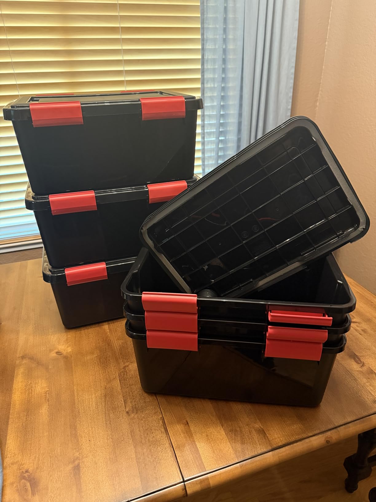IRIS USA WeatherPro 74 Qt Storage Bins with Lids, 4 Pack, BPA-Free Plastic Gasket Box with Tight Latch and Seal, Stackable Nestable Tote Tub - Black/Red customer photo 1