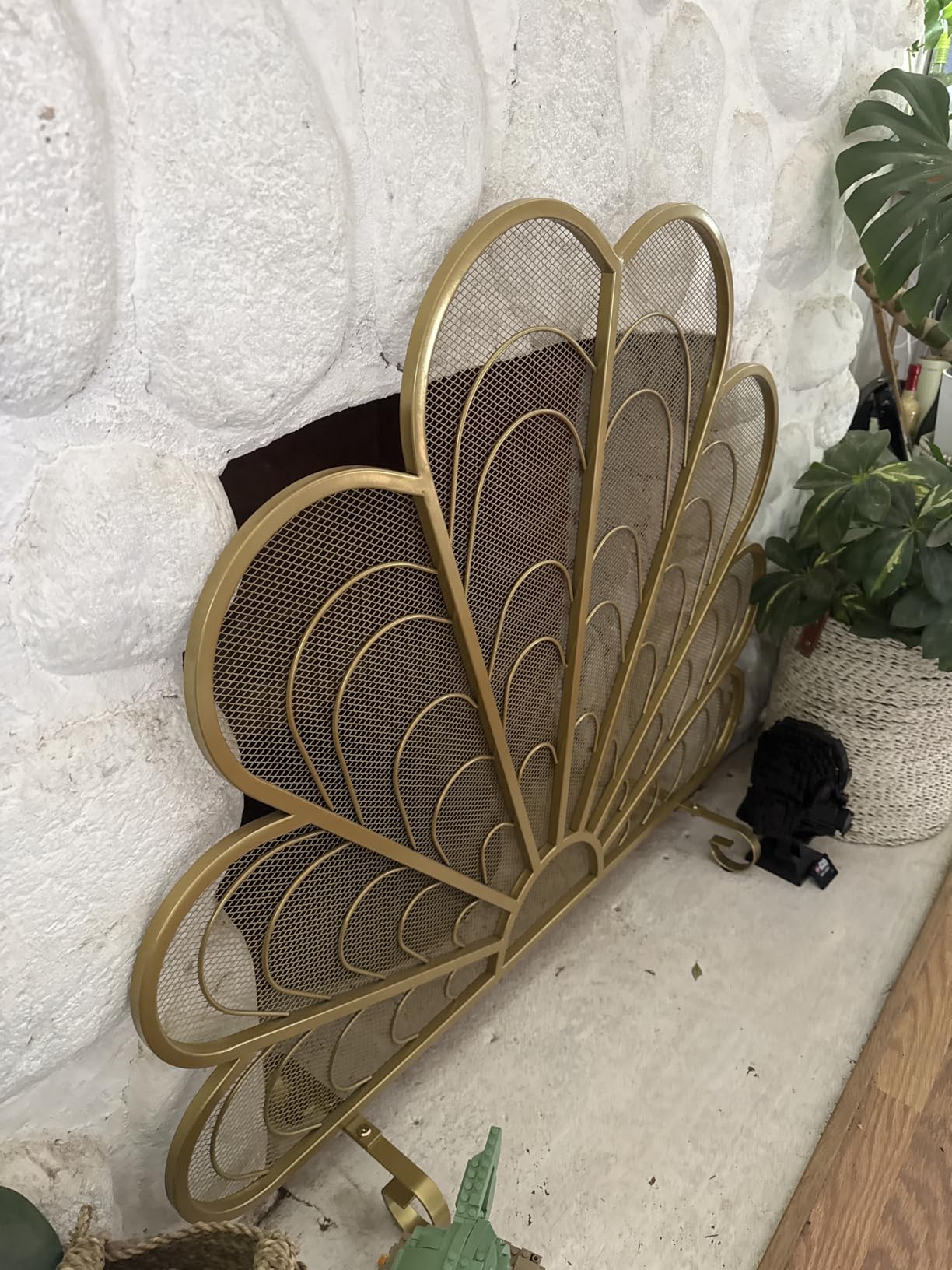 MyGift 38 x 32 Inch Peacock Feather Brass-Tone Metal Fireplace Screen, Freestanding Decorative Mesh Fire Guard with Curved Legs customer photo 1