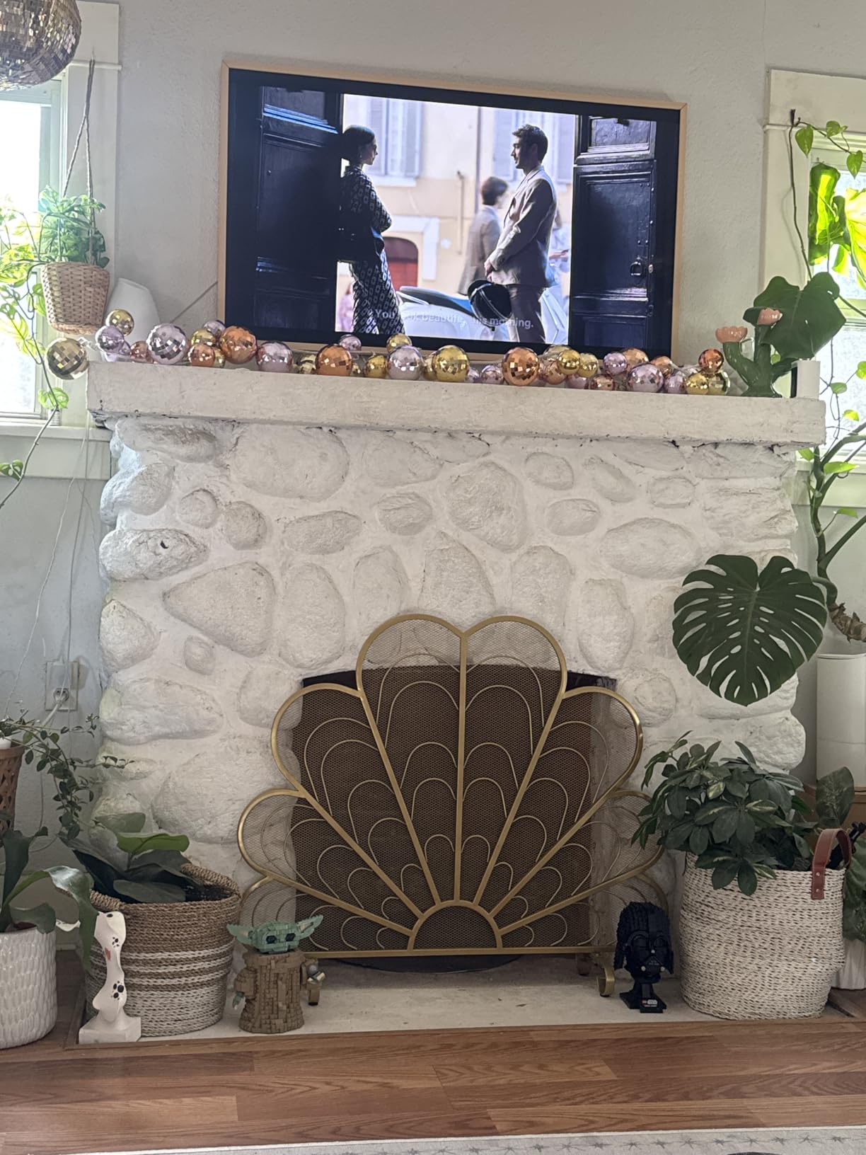 MyGift 38 x 32 Inch Peacock Feather Brass-Tone Metal Fireplace Screen, Freestanding Decorative Mesh Fire Guard with Curved Legs customer photo 2