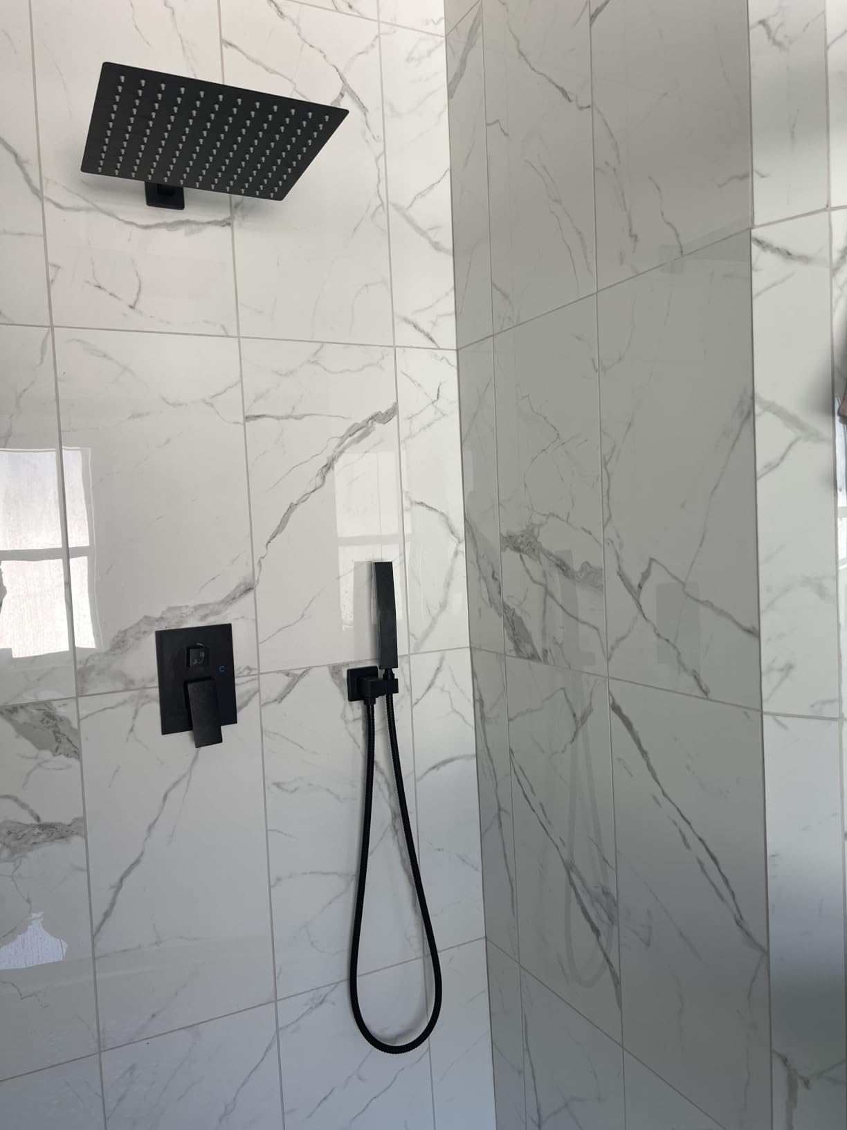 gotonovo Rainfall Bathroom Shower System Rain Shower Head and Handle Set Wall Mounted Shower Complete Combo Solid Brass Pressure Balancing Shower Mixer Valve 12 Inch Matte Black customer photo 2