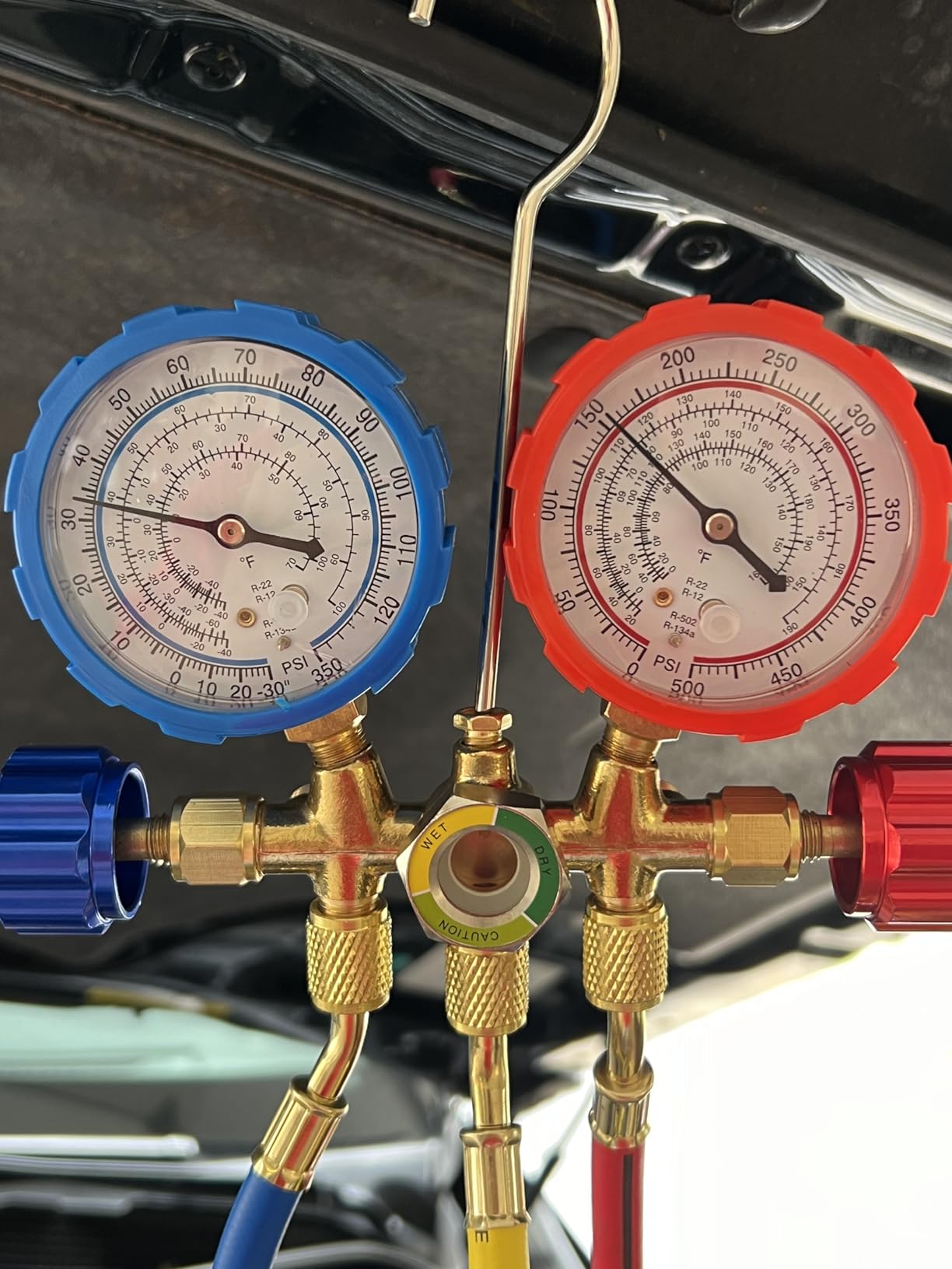 UPGRATED Version 4 Way A/C Manifold Gauge Set Fits R134A R410A R404A R22 Refrigerants with 5FT Hose, 3 Acme Tank Adapters, Adjustable Couplers and Can Tap customer photo 1