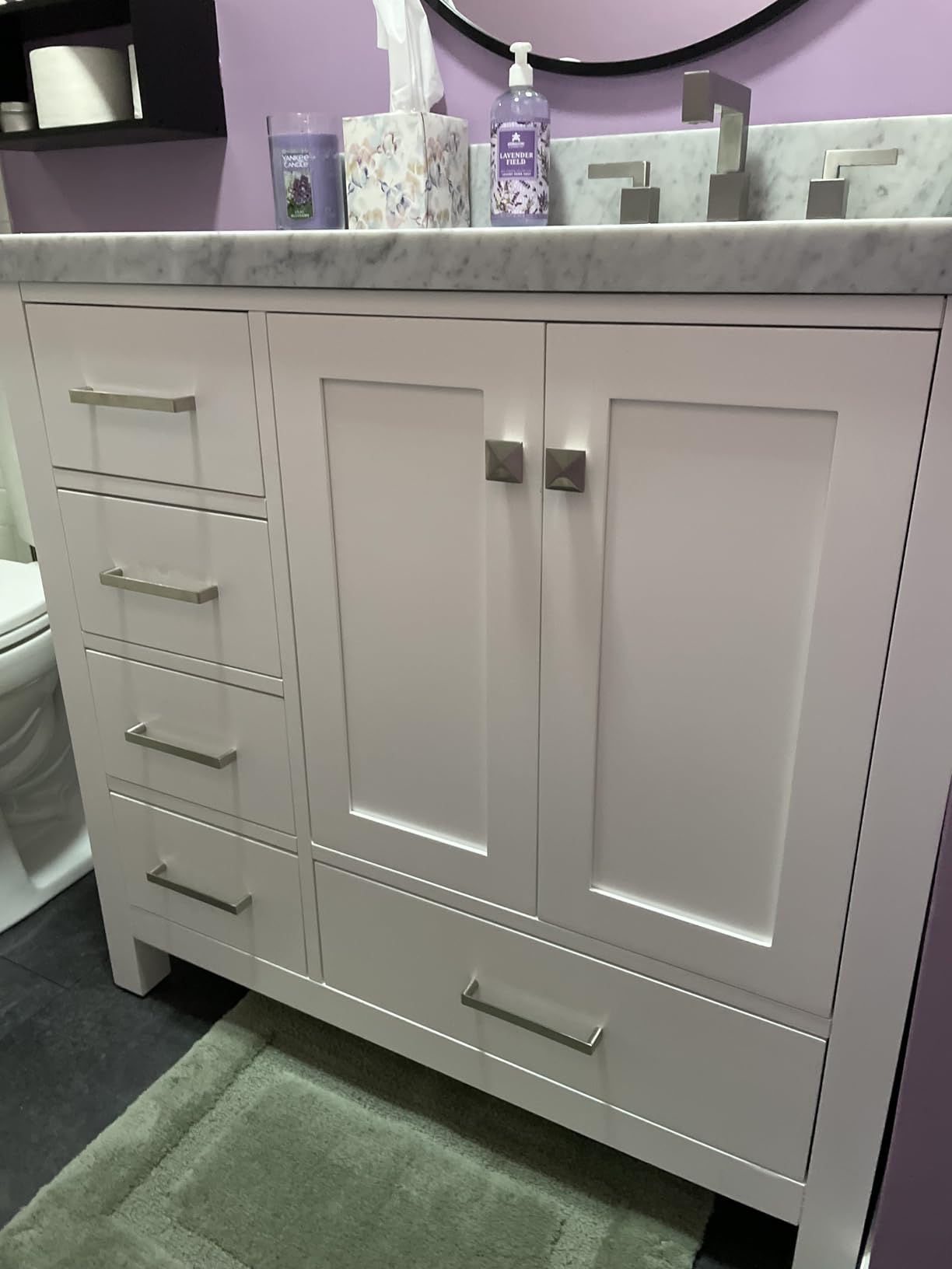 ARIEL Cambridge 36-inch Bathroom Vanity with Sink, Solid Wood, 1.5-inch Pure White Quartz Countertop & Backsplash, Single Rectangular Porcelain Sink, 2 Soft Closing Doors, 5 Dovetail Drawers, White customer photo 3