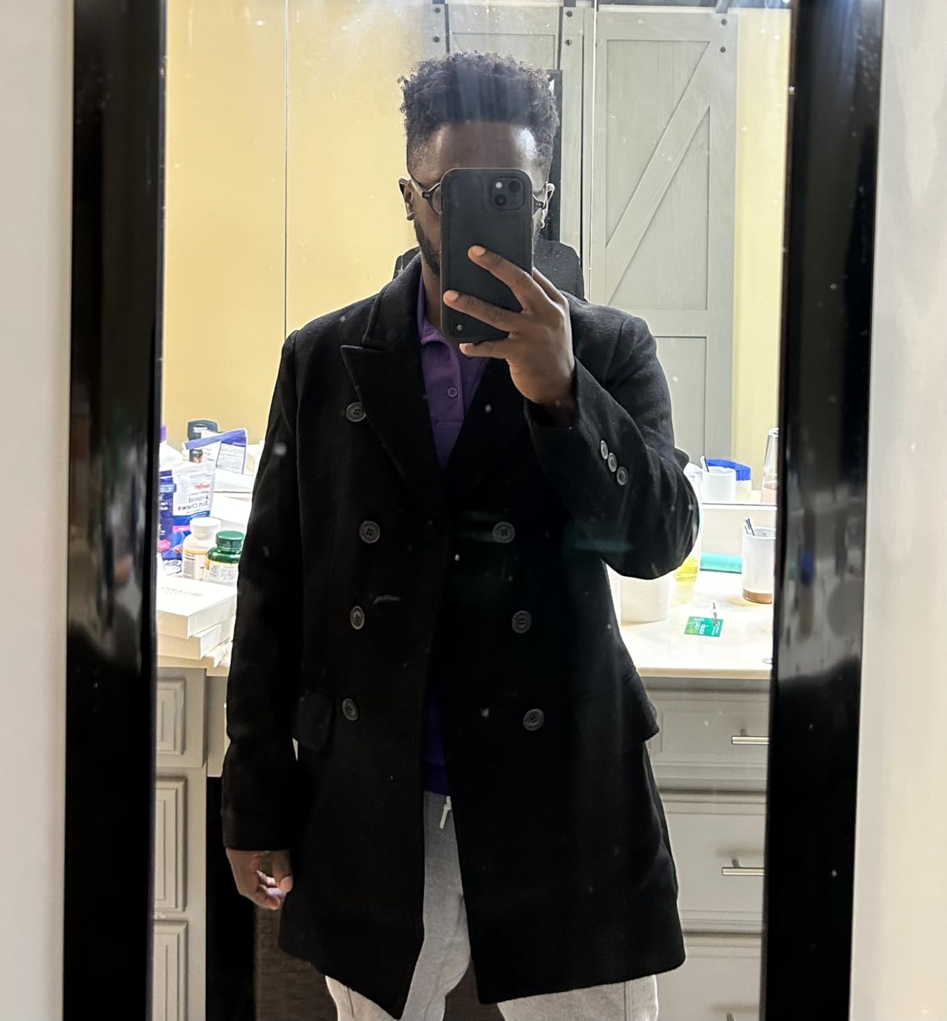 Men's Premium Wool Blend Double Breasted Long Pea Coat customer photo 1