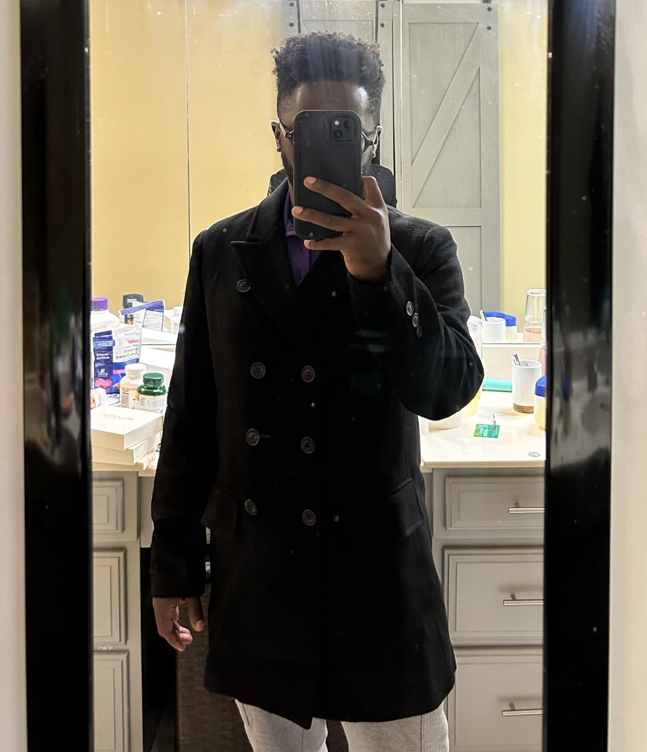 Men's Premium Wool Blend Double Breasted Long Pea Coat customer photo 2