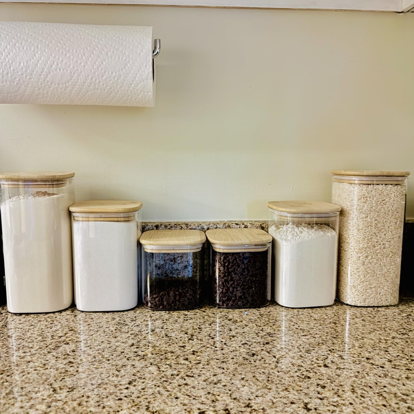 ComSaf Glass Pantry Storage Containers (0.7Qt/1.2Qt/1.6Qt) Set of 6, Square | Glass Storage Containers with Lids, Kitchen Canisters, Pantry Jar, Bamboo Lid with Silicone Seal, Flour Cereal Tea, BPA Free customer photo 2