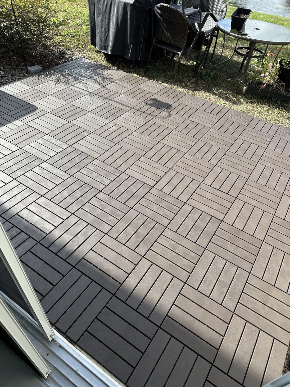 domi outdoor living Patio Deck Tiles, 12 x 12 inches Composite Interlocking Decking Tile, Four Slat Plastic Outdoor Flooring, 27 Pieces One Pack, Dark Brown customer photo 1