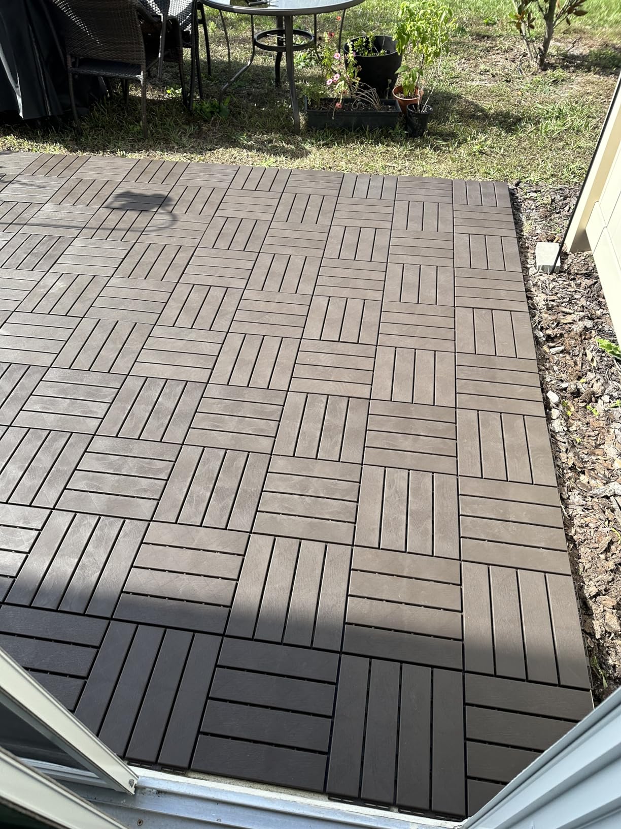 domi outdoor living Patio Deck Tiles, 12 x 12 inches Composite Interlocking Decking Tile, Four Slat Plastic Outdoor Flooring, 27 Pieces One Pack, Dark Brown customer photo 2