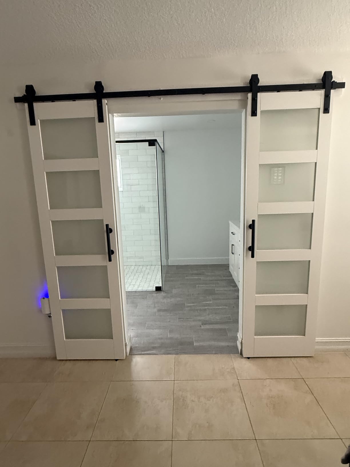 36x84 Inch Glass Sliding Barn Door Slab and 6.6ft Hardware Kit Included, 5 Frosted Glass, LVL Wood Panel Covered with White Water-Proof Scratch-Proof PVC Surface, Simple DIY Assembly customer photo 1