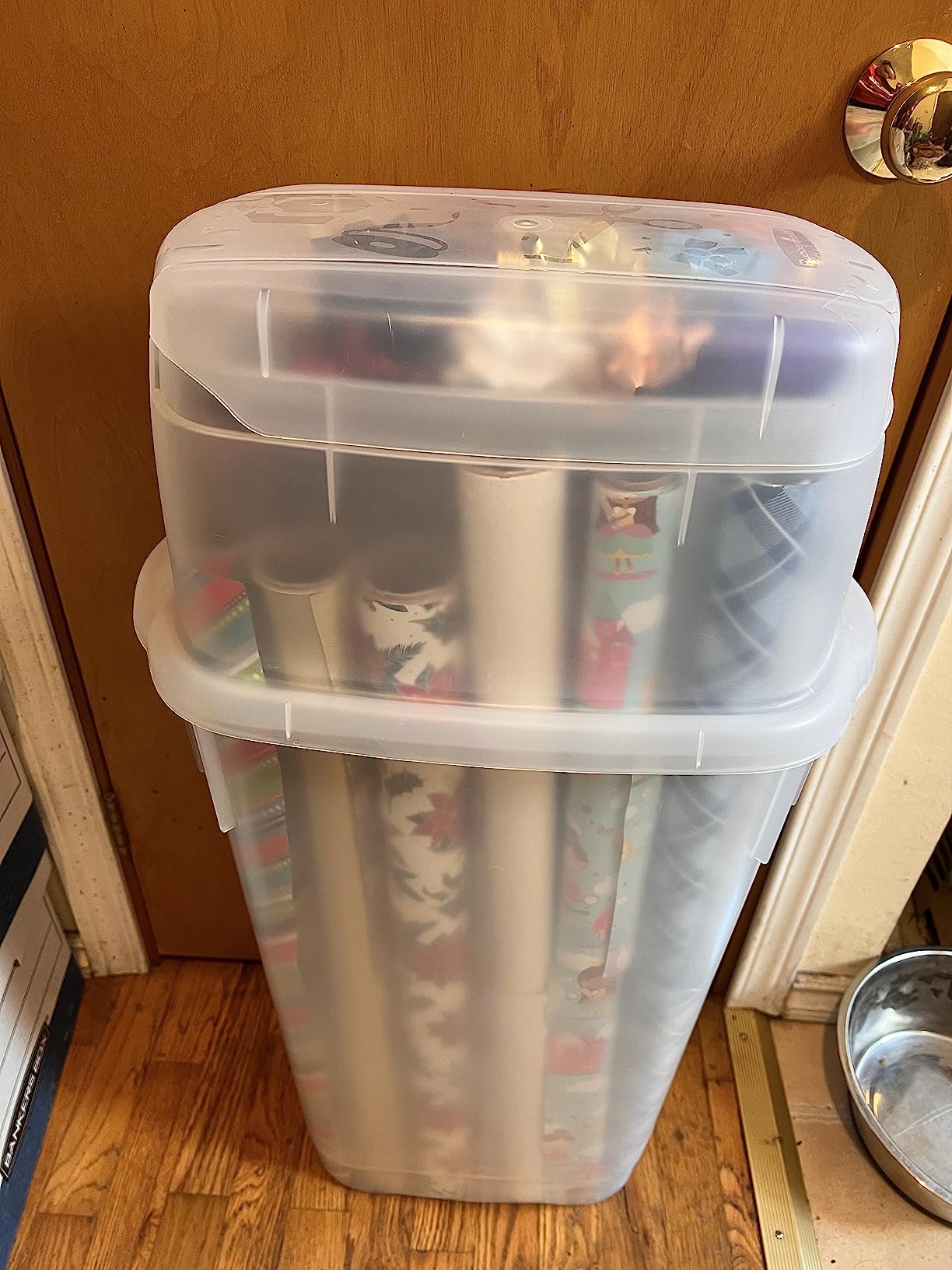 Rubbermaid Wrap N' Craft Plastic Wrapping Paper Organizer Storage Container with Top Ornament Storage Compartment for 20 Standard 30 Inch Rolls, Clear customer photo 1