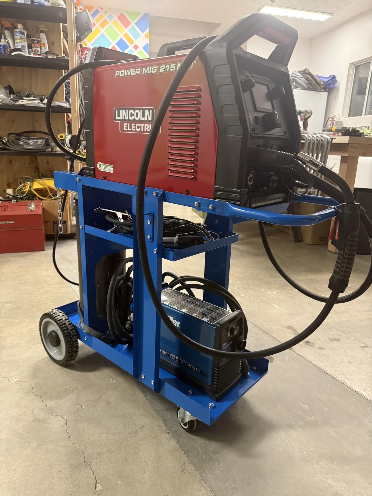 Foxngear Heavy Duty Welding Cart Blue for TIG MIG Welder Plasma Cutter, Large 3-Tier Welder Cart with Gas Bottle Storage, Swivel Caster Wheels, Steel Welding Table, 38.5