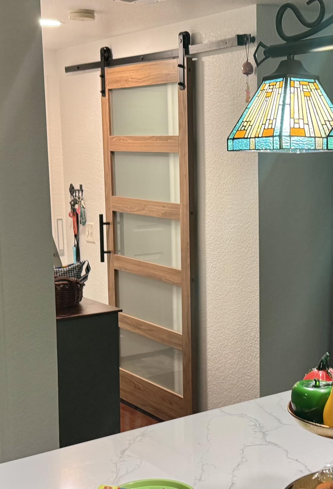 FREDBECK 36 x 84 inch Glass Barn Door with 6.6FT Barn Door Hardware Kit & Handle Included, 5-Panel Frosted Glass, Water-Proof Surface, Pre-Drilled Holes, Need Assembly customer photo 1