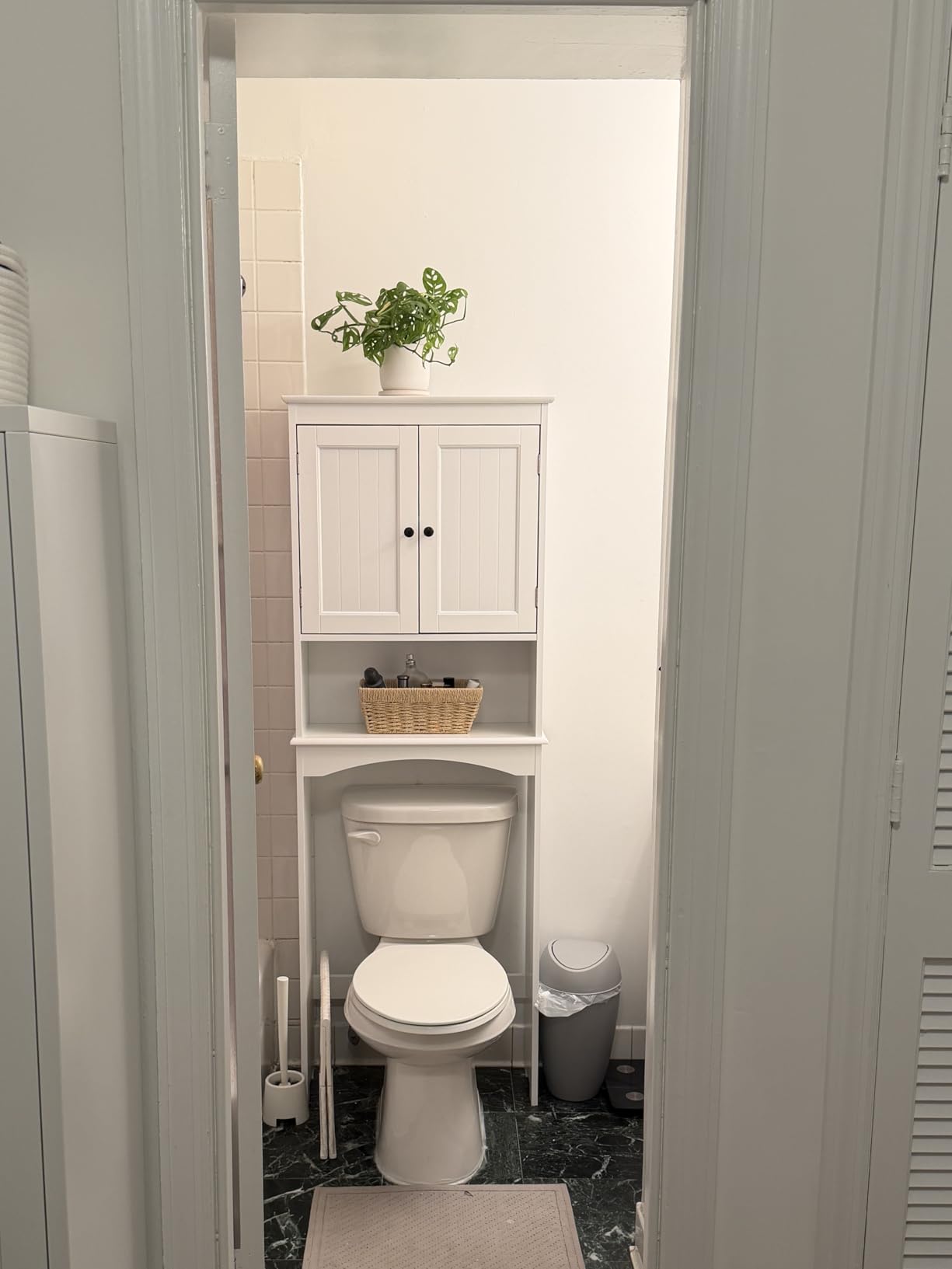 Gizoon Over the Toilet Storage Cabinet with Adjustable Shelf and Double Doors, Bathroom Space Saver Organizer Above Toilet with Open Shelf, Taller Wooden Free Standing Toilet Rack -White customer photo 1