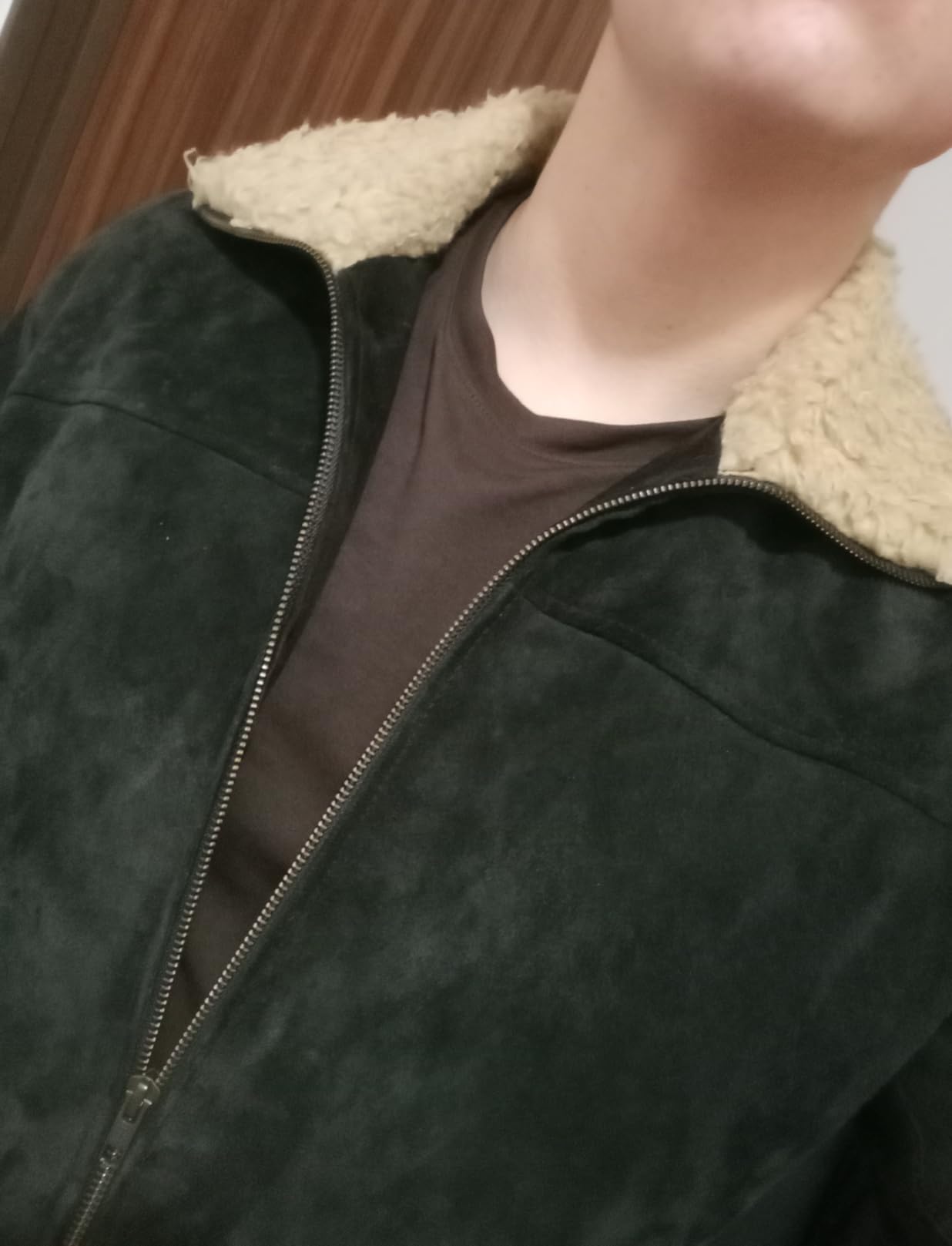LP-FACON Men's Sherpa Collar Suede Leather Jacket - Dark Brown Vintage Winter Leather Jacket customer photo 1