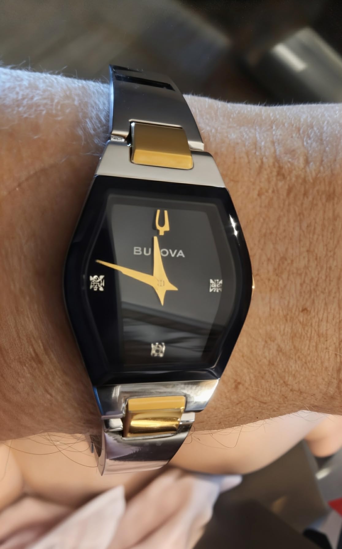 Bulova Ladies Modern Gemini Diamond Silver and Gold Stainless Steel Watch, Tonneau Shape Blue Dial, Model: 98P218 customer photo 1