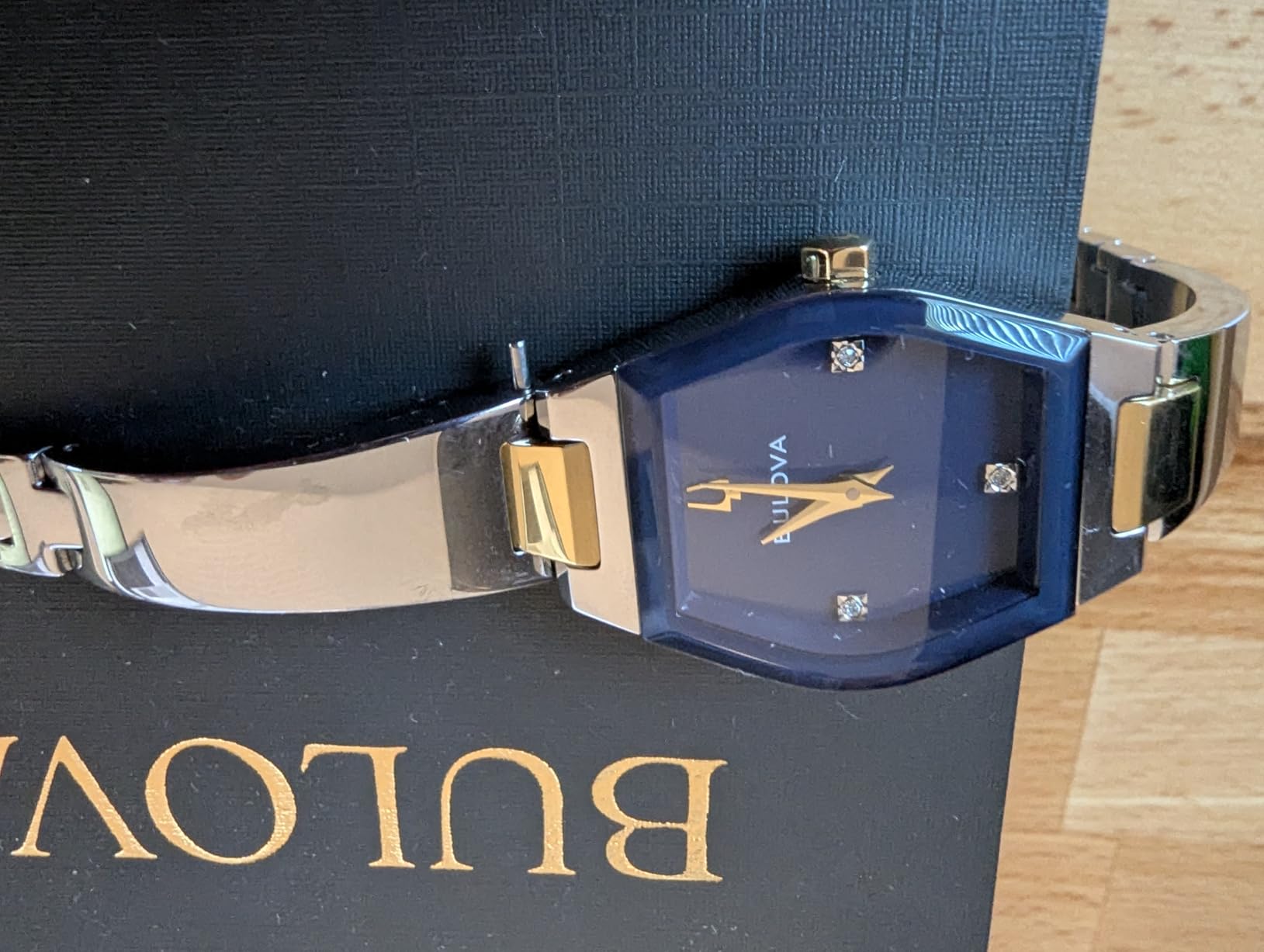 Bulova Ladies Modern Gemini Diamond Silver and Gold Stainless Steel Watch, Tonneau Shape Blue Dial, Model: 98P218 customer photo 2