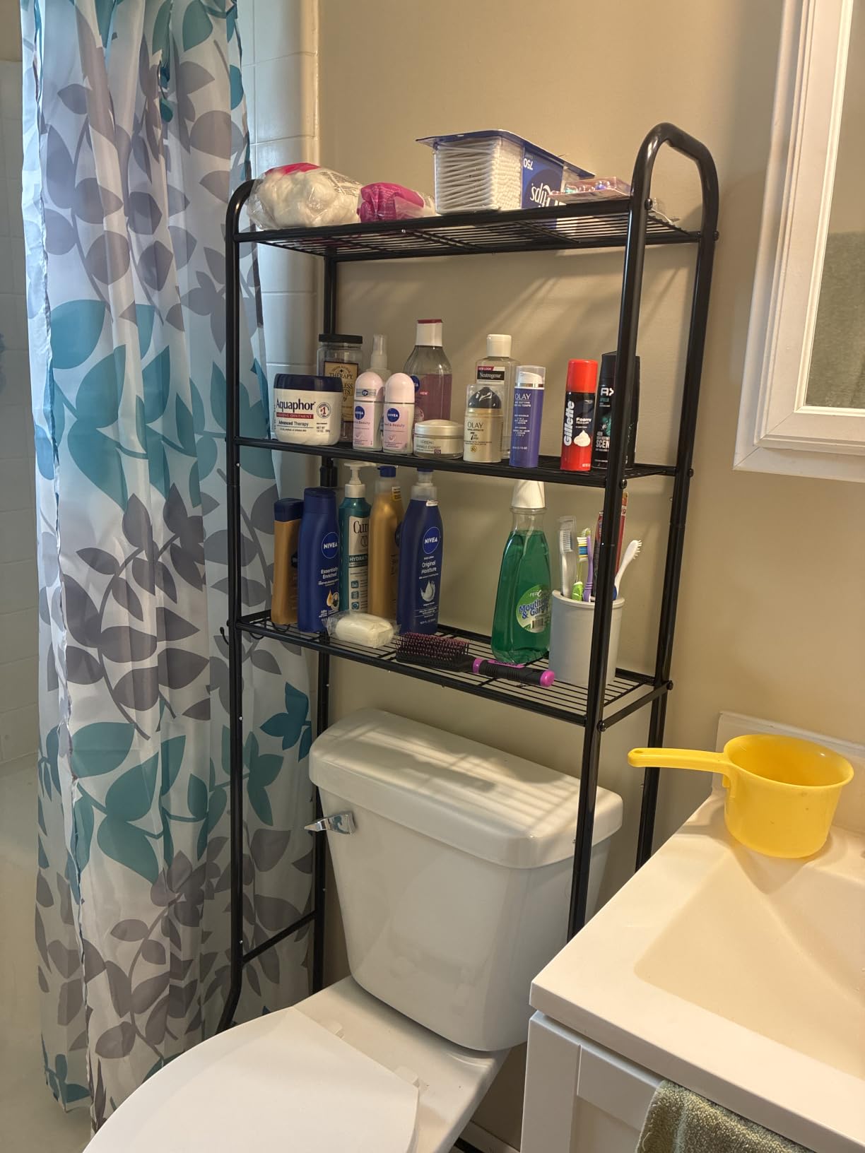 Simple Trending Over The Toilet Storage Cabinet, Metal Bathroom Shelf Organizer with Paper Holder and Hooks, 3 Tier, Black customer photo 1
