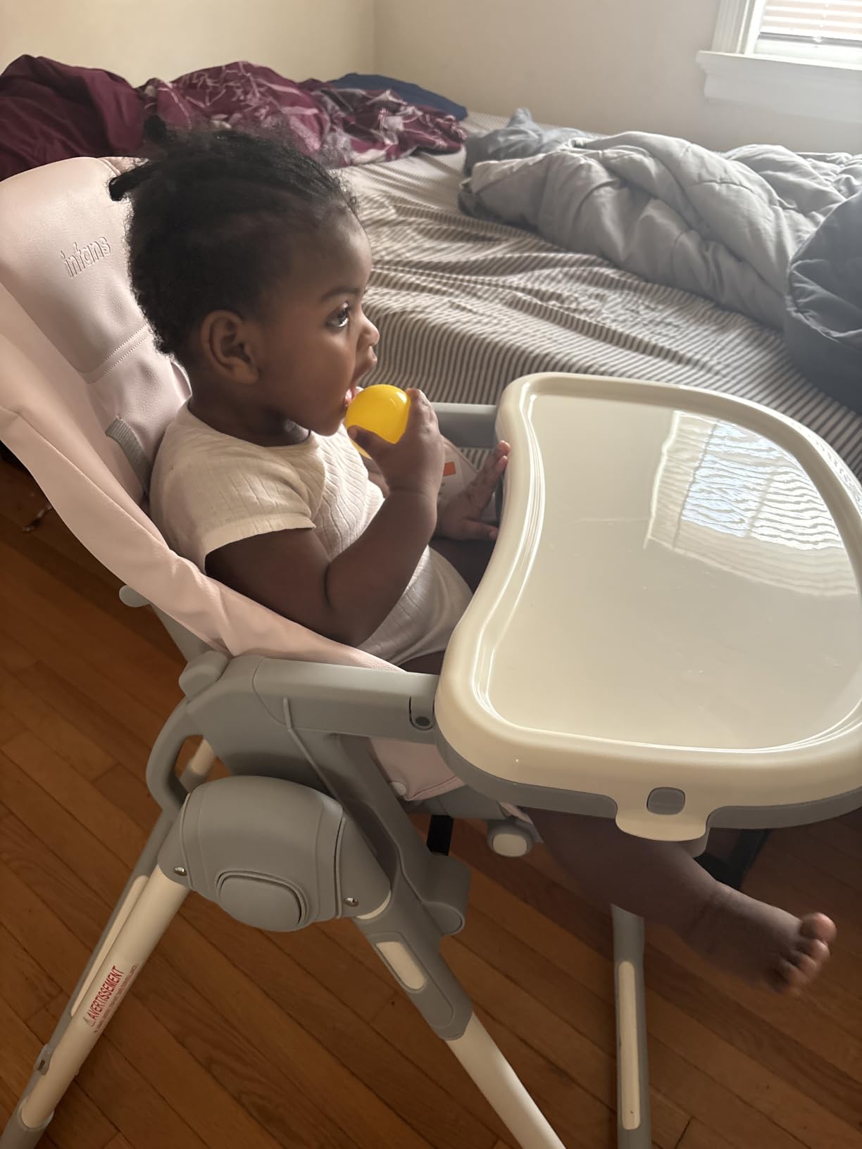 INFANS High Chair for Babies & Toddlers, Foldable Highchair with Multiple Adjustable Backrest Footrest Seat Height, Removable Tray, Detachable PU Leather Cushion, Built-in Rear Wheels (Light Grey) customer photo 1
