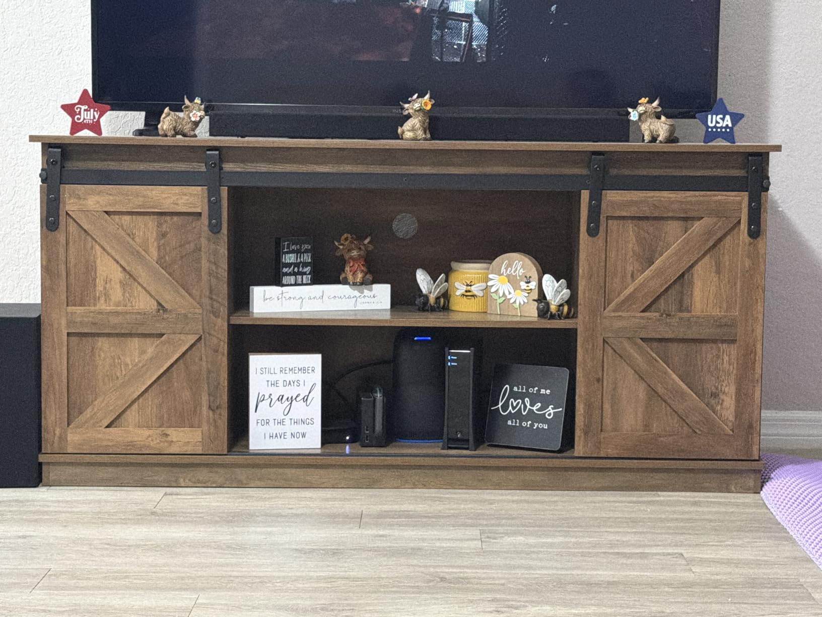 YESHOMY Farmhouse TV Stand for Televisions up to 65 Inches, Sliding Barn Doors and Storage Cabinets, Console Table and Media Furniture for Living Room, 58 Inch, White customer photo 1
